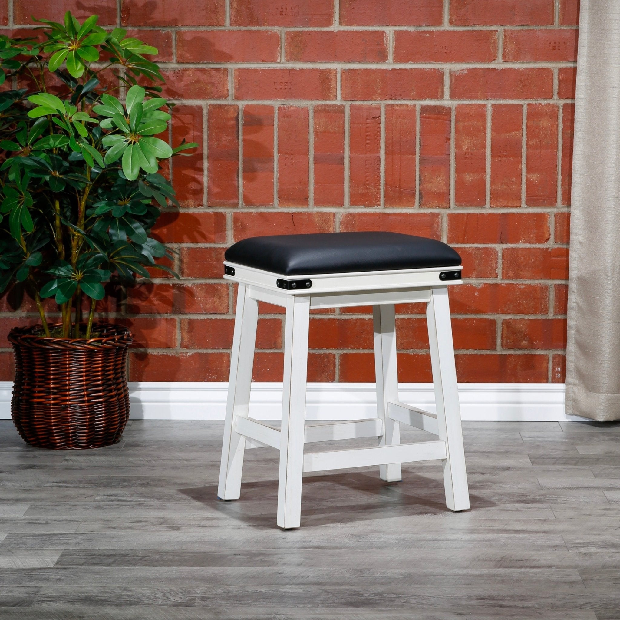 24 Counter Stool, Antique White Finish, Black Leather Seat - Tuesday Morning - Table & Bar Stools