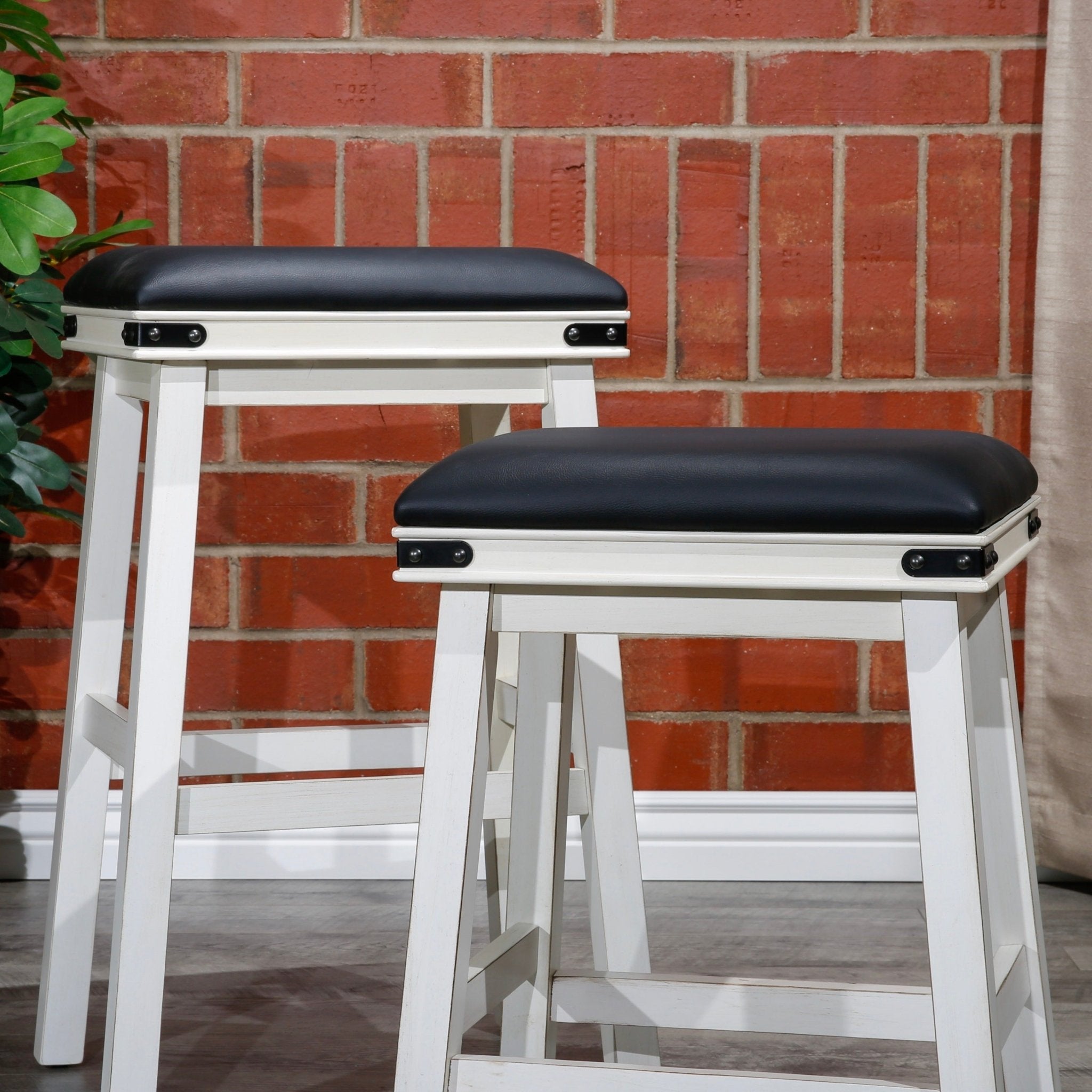 24 Counter Stool, Antique White Finish, Black Leather Seat - Tuesday Morning - Table & Bar Stools