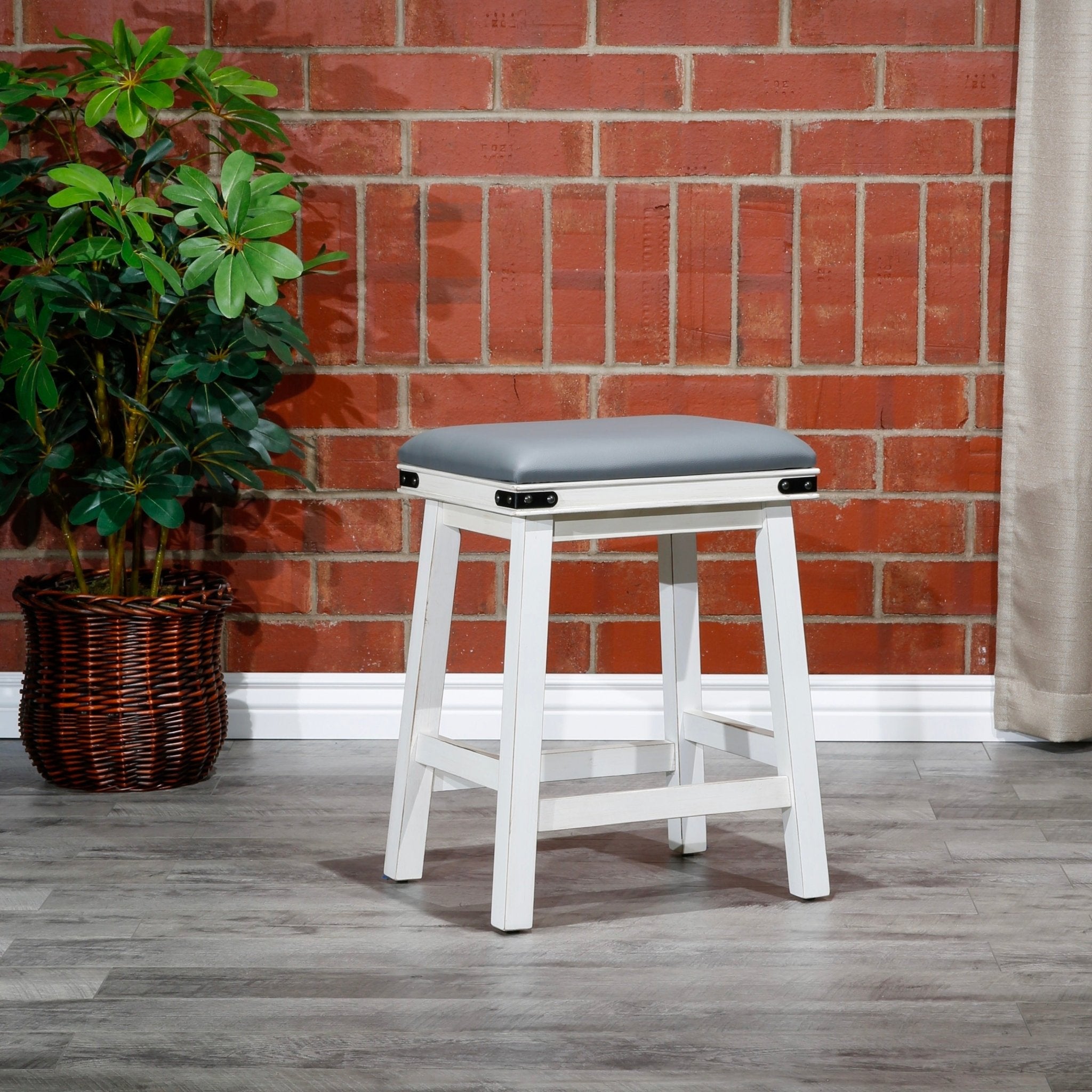 24 Counter Stool, Antique White, Gray Leather Seat - Tuesday Morning - Table & Bar Stools