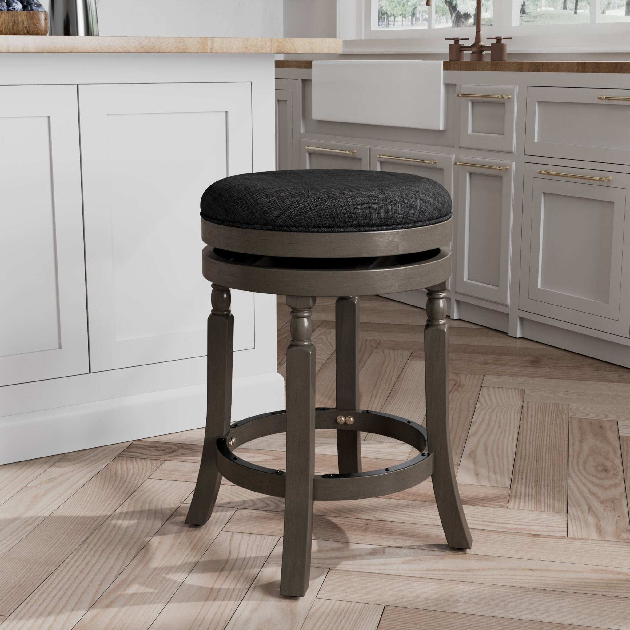 24 Counter Stool, Weathered Gray Finish, Charcoal Fabric Seat - Tuesday Morning - Table & Bar Stools