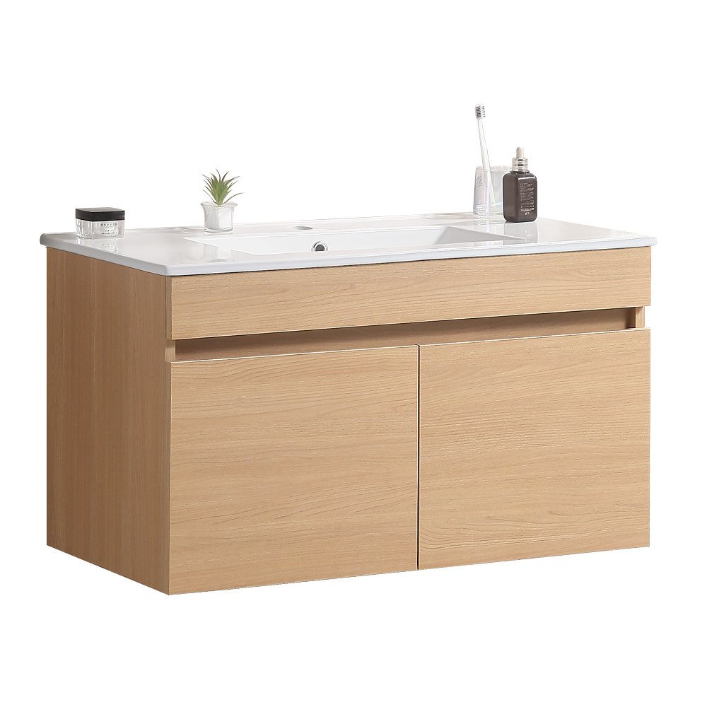 24 Inch Wall Mounted Bathroom Vanity with White Ceramic Basin,Two Soft Close Cabinet Doors, Solid Wood,Excluding faucets,Light Oak - Tuesday Morning - Bathroom Vanities