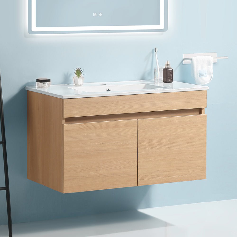 24 Inch Wall Mounted Bathroom Vanity with White Ceramic Basin,Two Soft Close Cabinet Doors, Solid Wood,Excluding faucets,Light Oak - Tuesday Morning - Bathroom Vanities