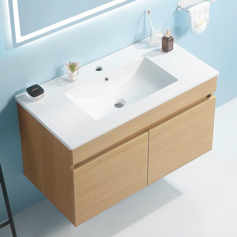 24 Inch Wall Mounted Bathroom Vanity with White Ceramic Basin,Two Soft Close Cabinet Doors, Solid Wood,Excluding faucets,Light Oak - Tuesday Morning - Bathroom Vanities