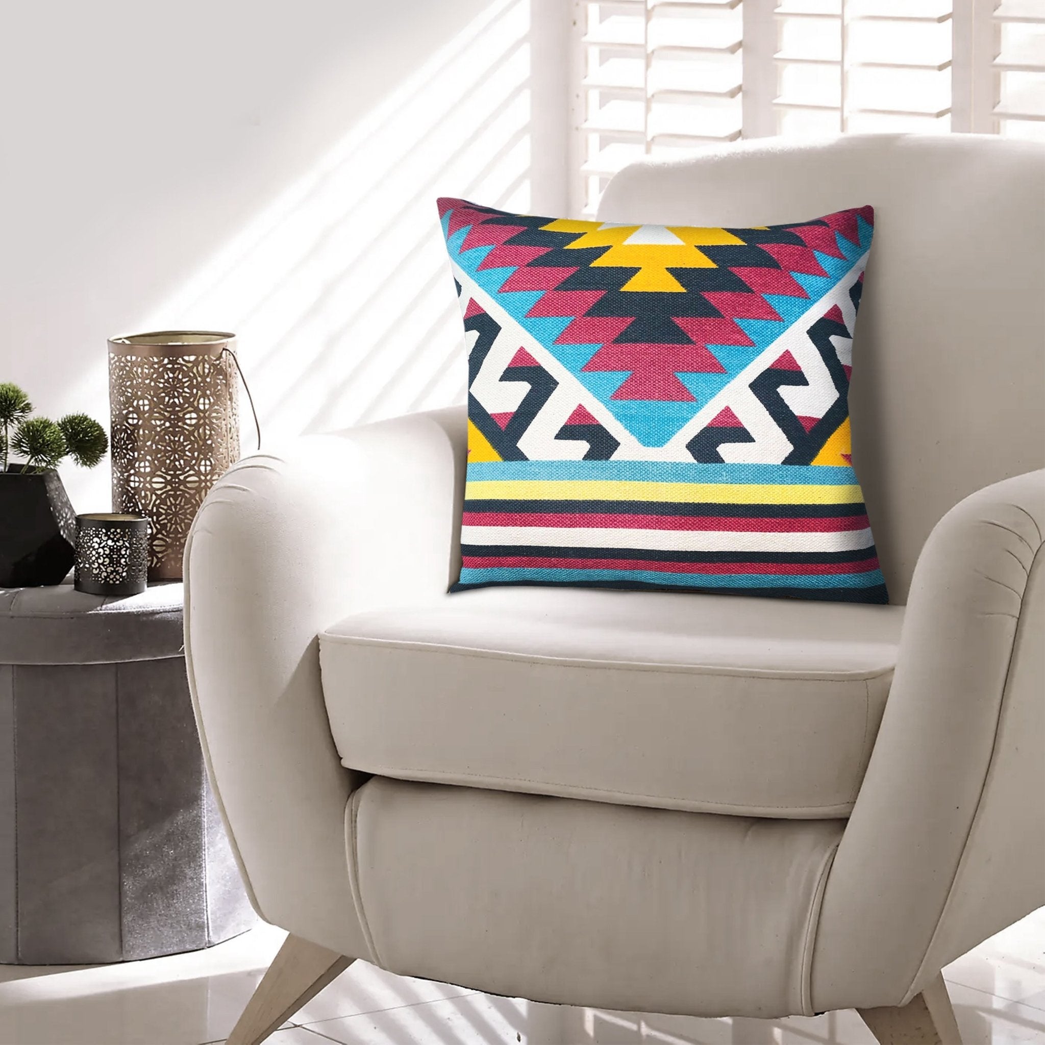 24 x 24 Square Cotton Accent Throw Pillow, Geometric Aztec Tribal Pattern, Multicolor - Tuesday Morning - Throw Pillows