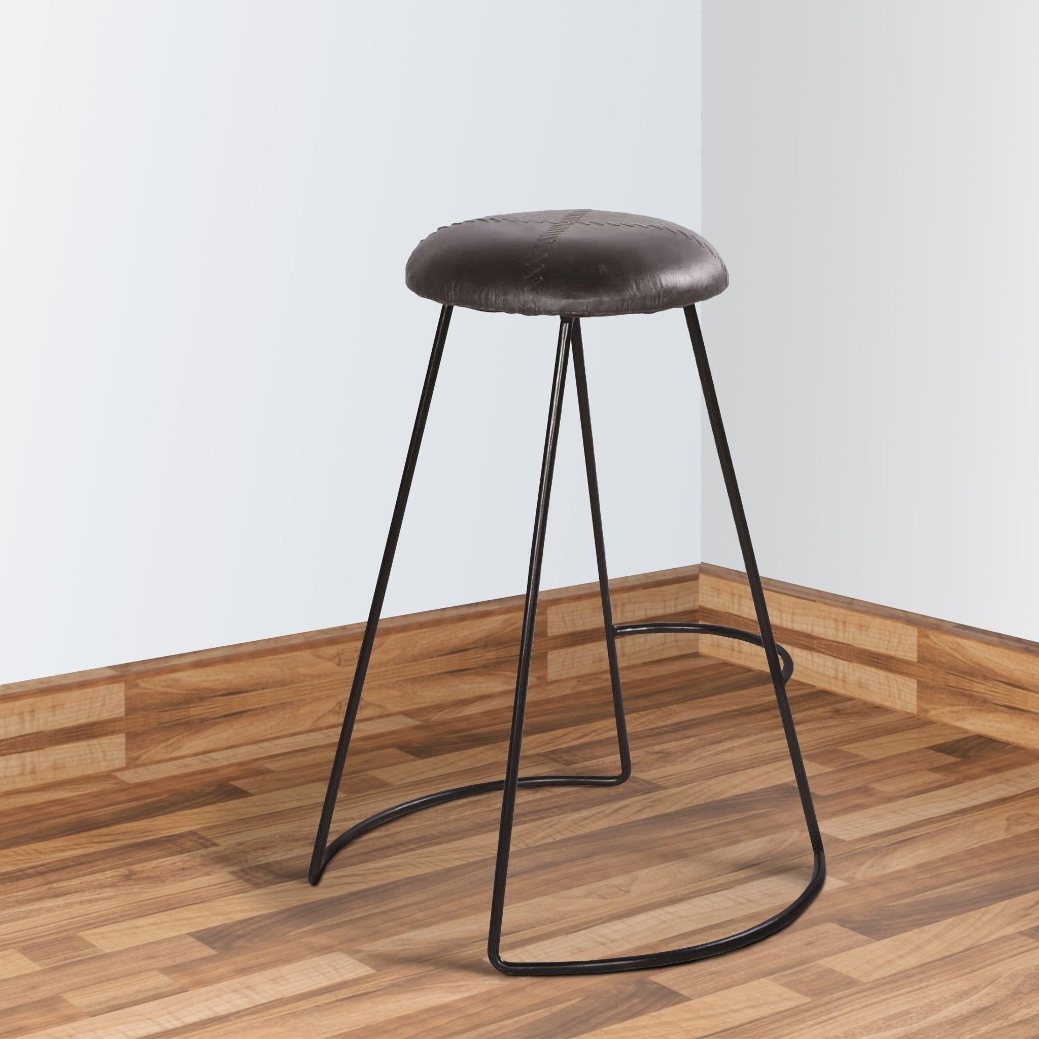 26 Inch Modern Counter Height Stool, Genuine Leather Upholstery, Metal Frame, Baseball Stitching, Black - Tuesday Morning - Table & Bar Stools