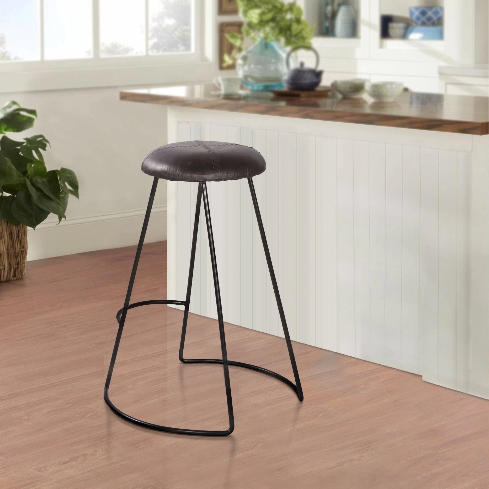 26 Inch Modern Counter Height Stool, Genuine Leather Upholstery, Metal Frame, Baseball Stitching, Black - Tuesday Morning - Table & Bar Stools