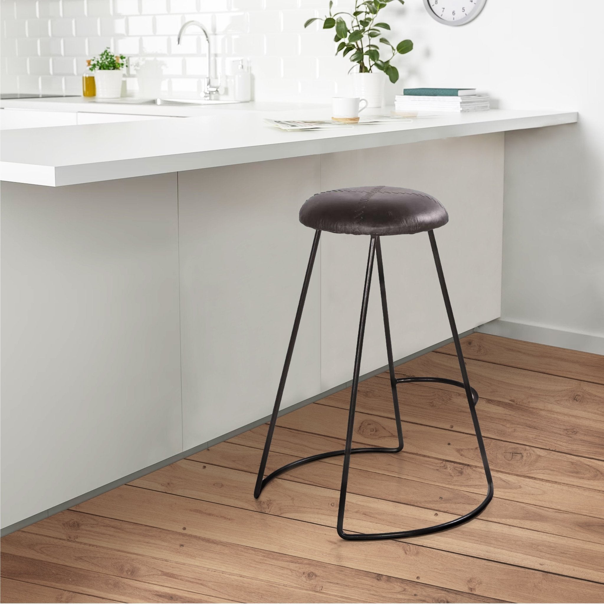 26 Inch Modern Counter Height Stool, Genuine Leather Upholstery, Metal Frame, Baseball Stitching, Black - Tuesday Morning - Table & Bar Stools