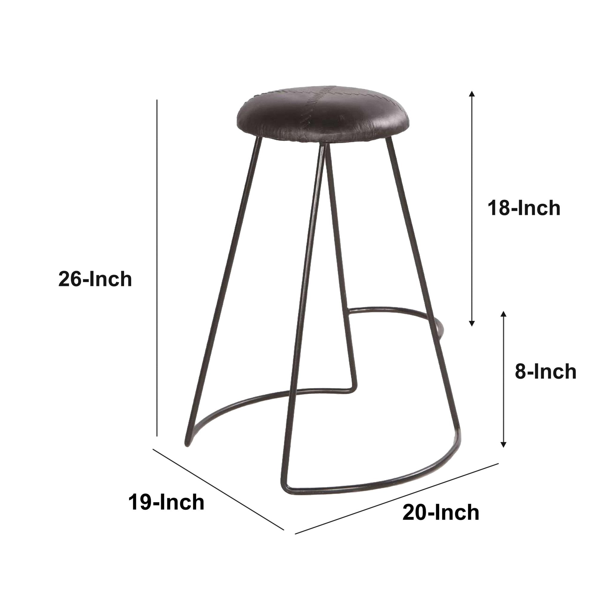 26 Inch Modern Counter Height Stool, Genuine Leather Upholstery, Metal Frame, Baseball Stitching, Black - Tuesday Morning - Table & Bar Stools