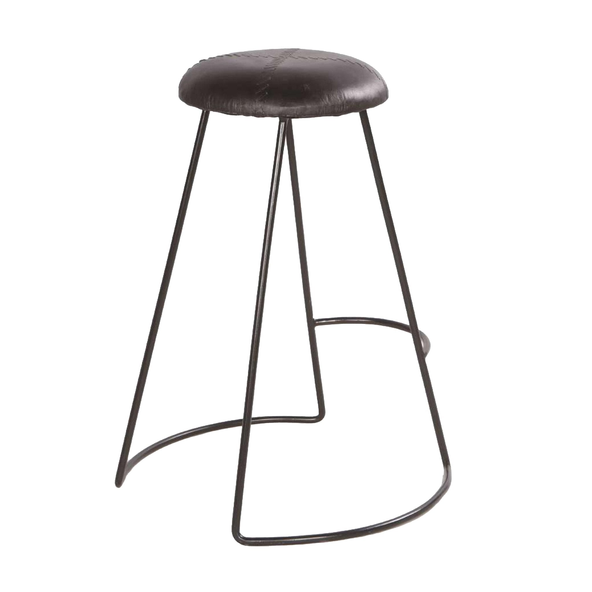 26 Inch Modern Counter Height Stool, Genuine Leather Upholstery, Metal Frame, Baseball Stitching, Black - Tuesday Morning - Table & Bar Stools