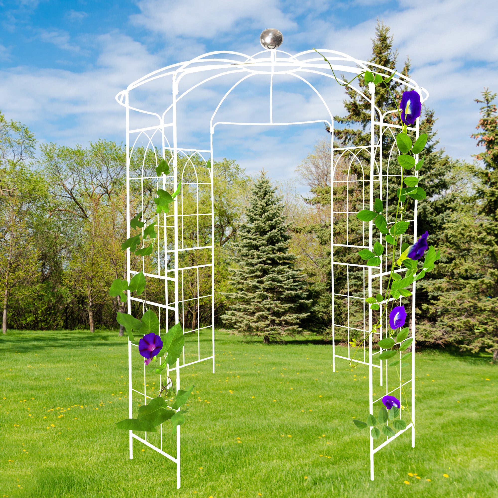 Metal-Garden-Arch-Iron-Garden-Arbors-Gazebo-Dia-81.3''-x-114.2''-High-Birdcage-Shape-Pergola-Pavilion-for-Wedding-Ceremony-White-Pots-&-Planters