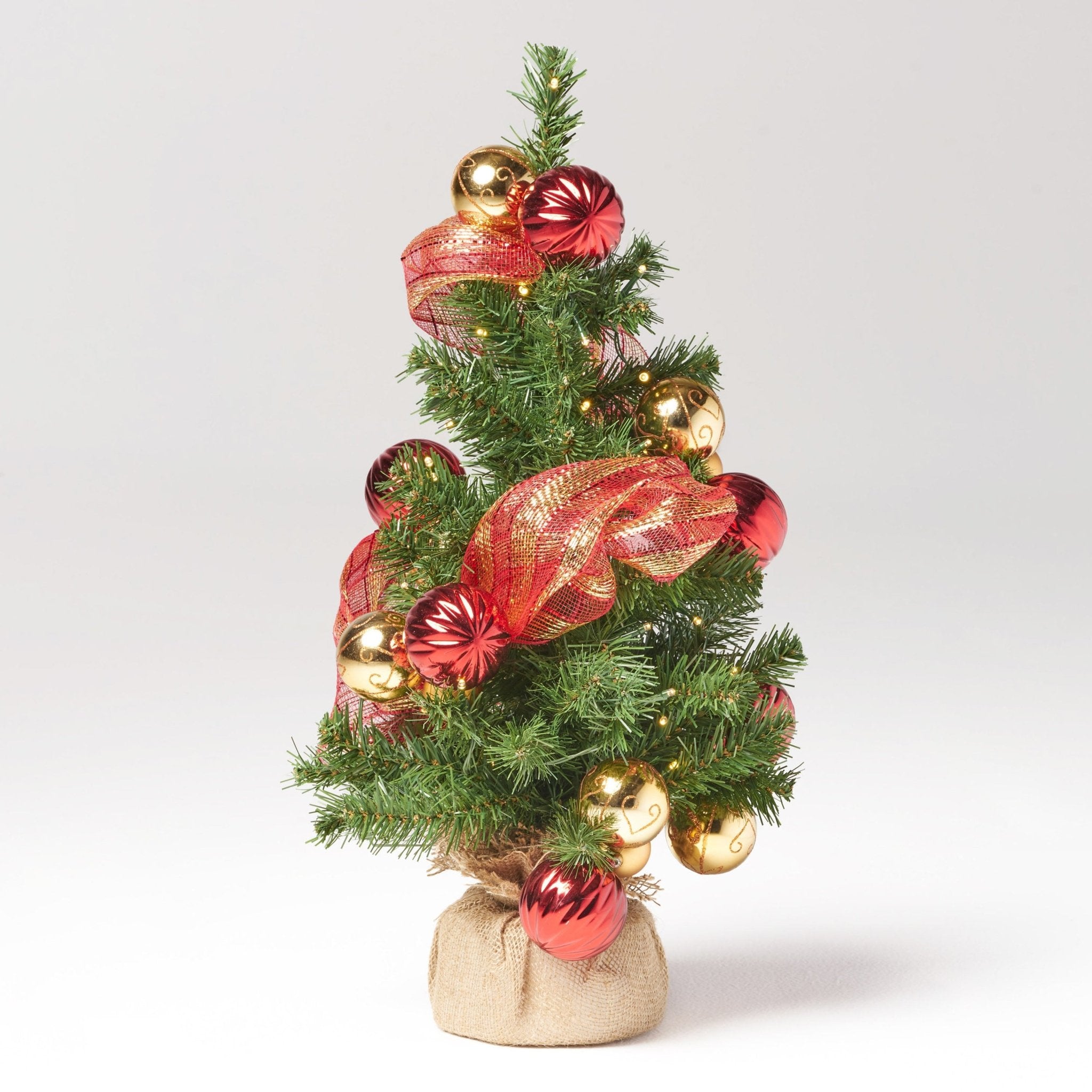 2'RED/GOLD DECORATION BURLAP TREE WITH 50 WARM WHITE LED LIGHTS - BATTERY OPERATED - Tuesday Morning - Decorative Objects