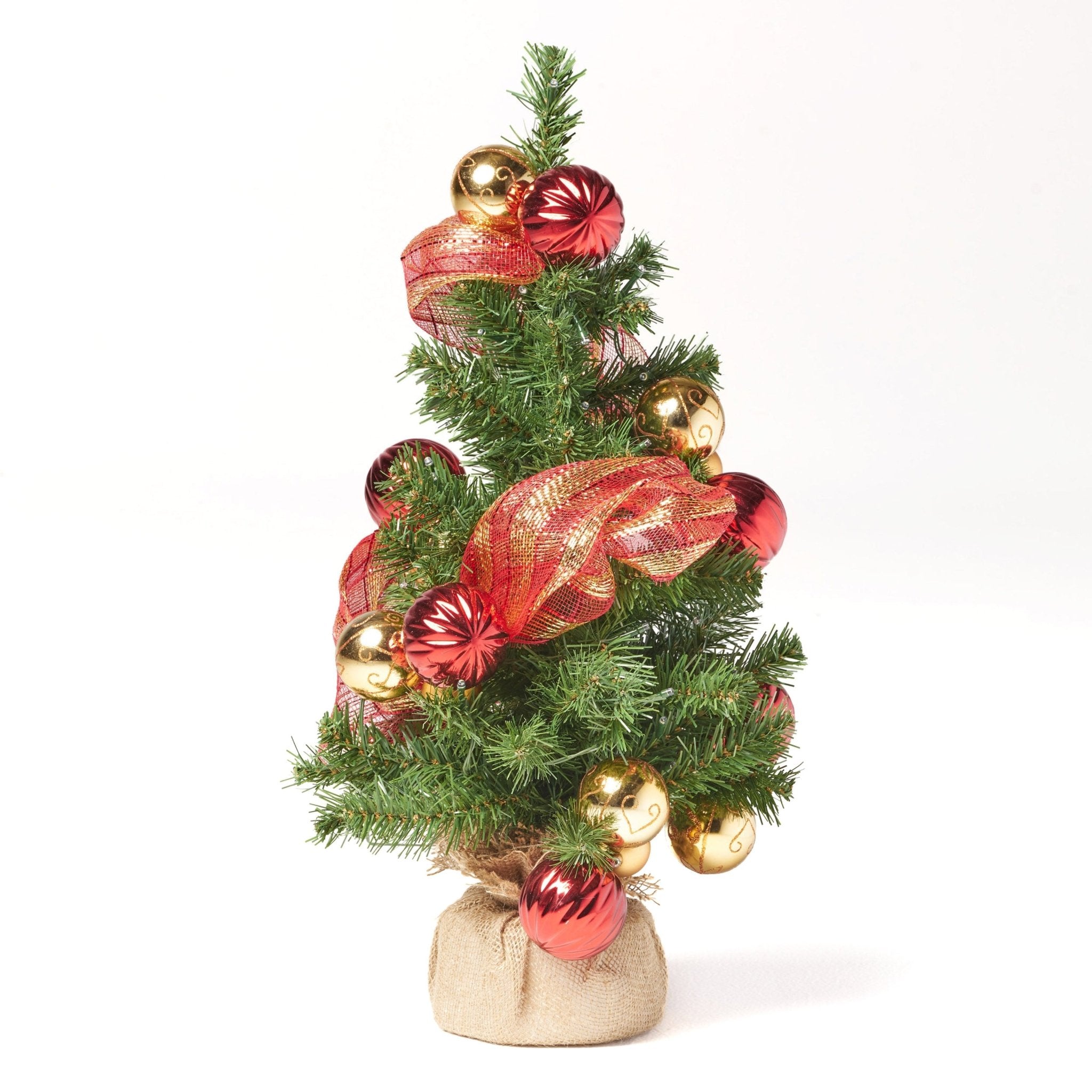 2'RED/GOLD DECORATION BURLAP TREE WITH 50 WARM WHITE LED LIGHTS - BATTERY OPERATED - Tuesday Morning - Decorative Objects