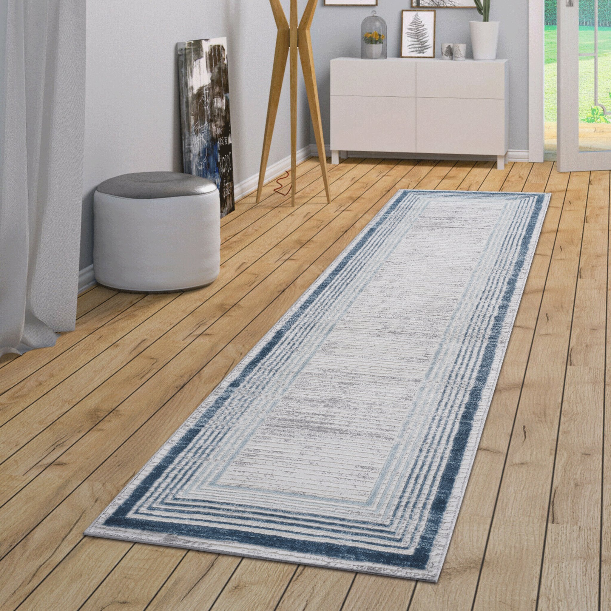 2X8 Blue/Ivory/Bordered Non - Shedding Stain Resistant Area Rug - Tuesday Morning - Area Rugs