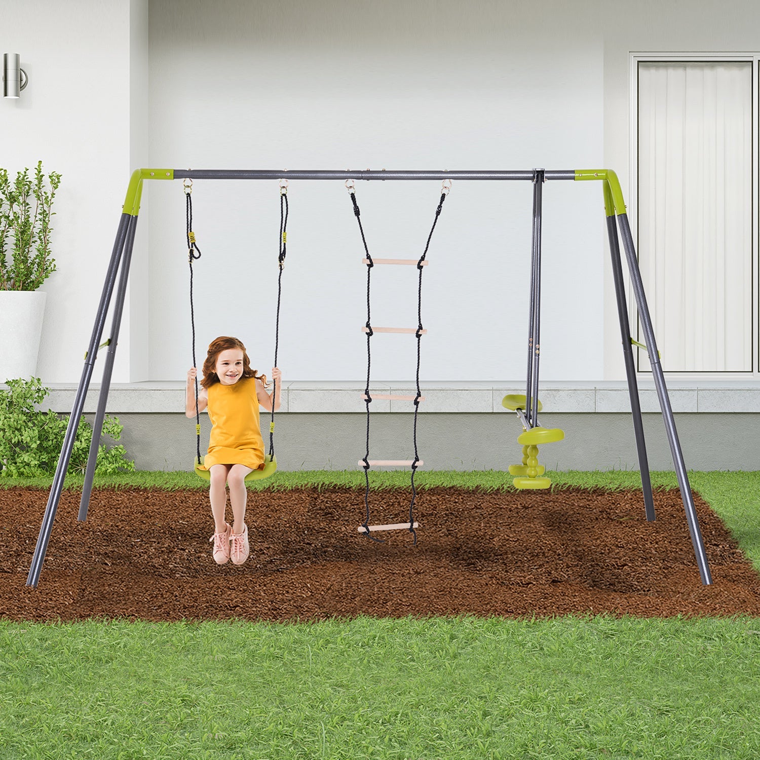 3 in 1 Kids Metal Swing Set for Backyard with Swing Seat, Glider and Climbing Ladder, Heavy Duty Metal Frame for 4 Children - Tuesday Morning - Toys & Games