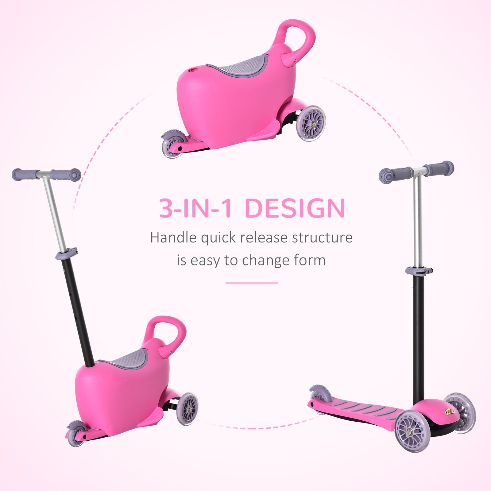 3 - in - 1 Ride On Push Car, Kids Scooter, Sliding Walker, Push Rider, with Adjustable Handlebar, 3 Balanced Wheels, Removable Storage Seat, for Boys and Girls Aged 2 - 6 Years Olds, Pink - Tuesday Morning - Toys & Games