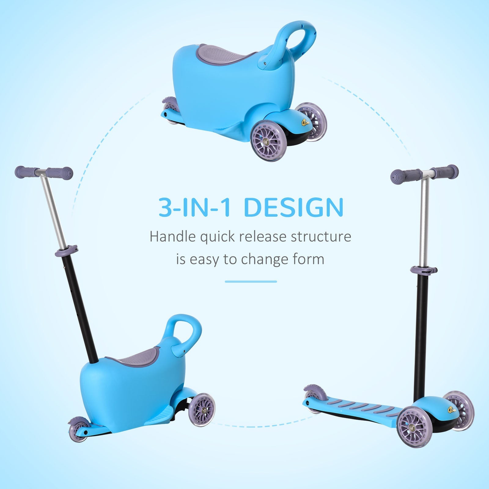 3 - in - 1 Ride On Push Car, Kids Scooter, Sliding Walker, Push Rider, with Adjustable Handlebar, 3 Balanced Wheels, Removable Storage Seat, for Boys and Girls Aged 2 - 6 Years Olds, Blue - Tuesday Morning - Toys & Games