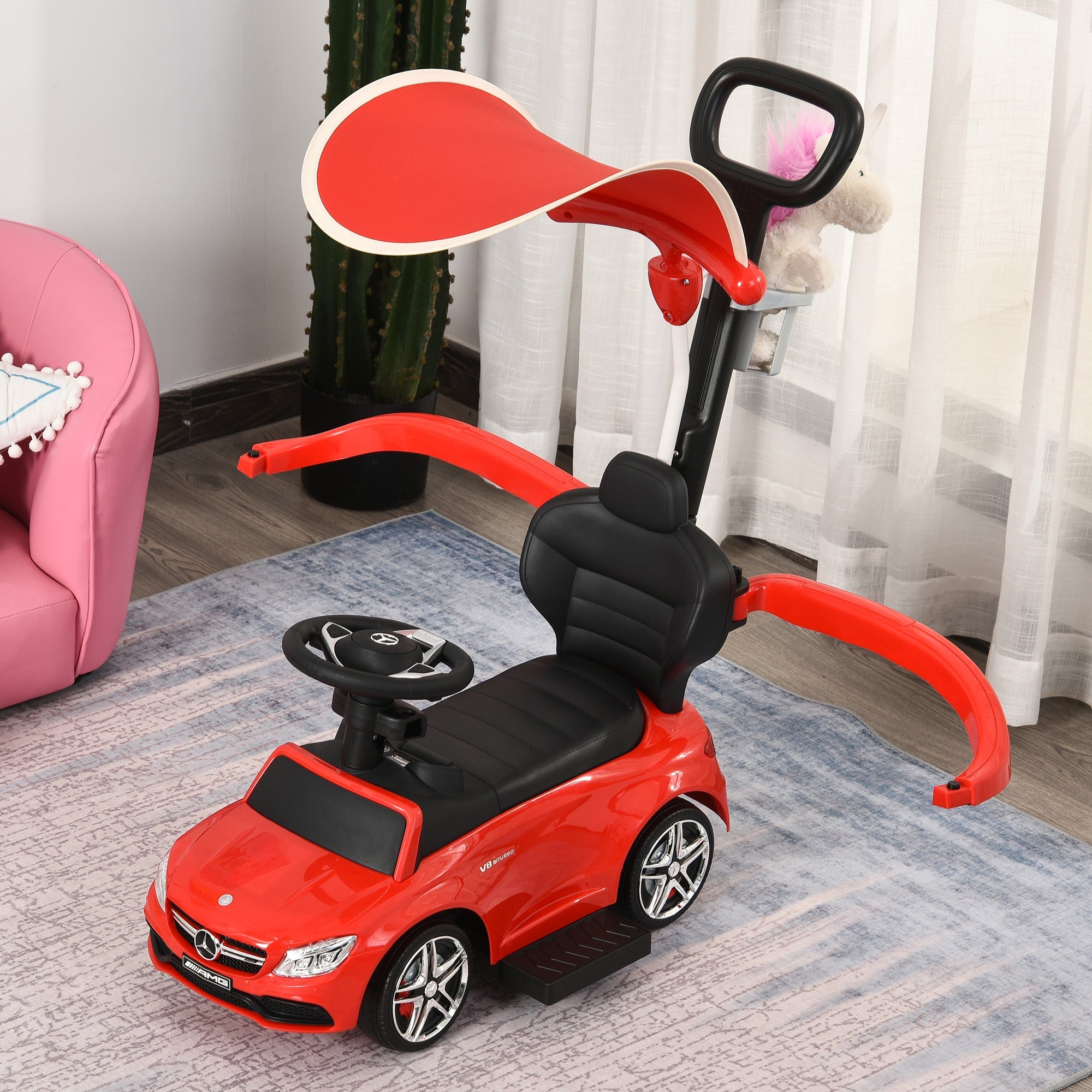 3 in 1 Ride on Push Cars for Toddlers, Stroller Sliding Walking Car with Sun Canopy, Horn, Music, Safety Bar, Cup Holder and Storage, Red - Tuesday Morning - Toys & Games