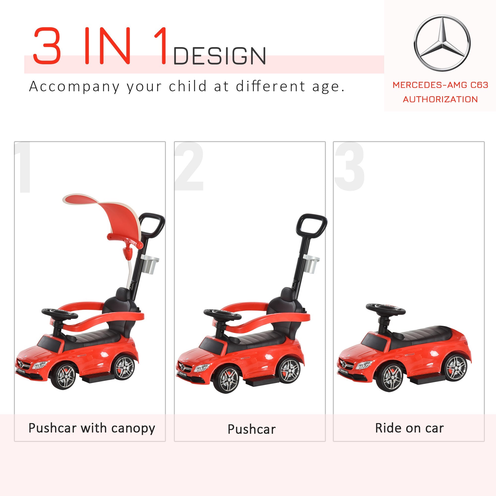 3 in 1 Ride on Push Cars for Toddlers, Stroller Sliding Walking Car with Sun Canopy, Horn, Music, Safety Bar, Cup Holder and Storage, Red - Tuesday Morning - Toys & Games