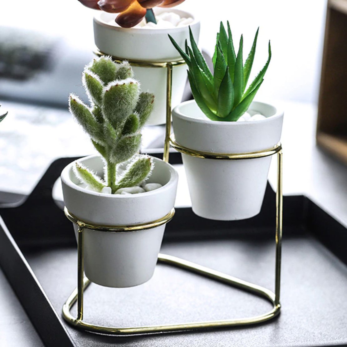 3 in 1 White Small Ceramic Planters on Metal Stand - Tuesday Morning - Pots & Planters