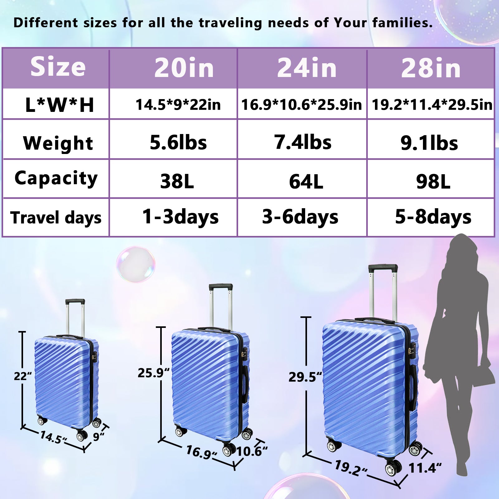 3 Piece Hard Shell Luggage set with TSA Lock Spinner Wheel ABS Lightweights Checked Convenient Stackable Suitcase Woman Men (20/24/28) - Tuesday Morning - Luggage Sets