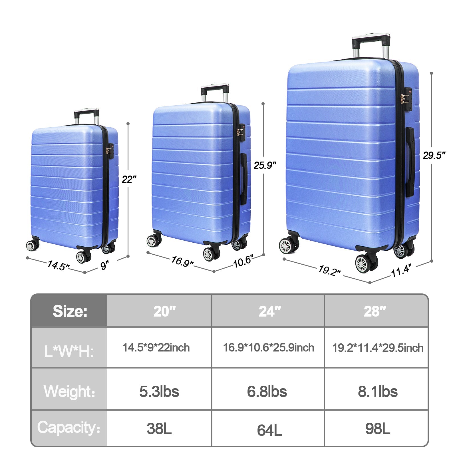 3 - Piece Luggage Set Travel Lightweight Suitcases with Rolling Wheels,TSA lock & ABS Hard Shell ,Carry on Luggages for Business, Trip, (20/24/28) - Tuesday Morning - Luggage Sets