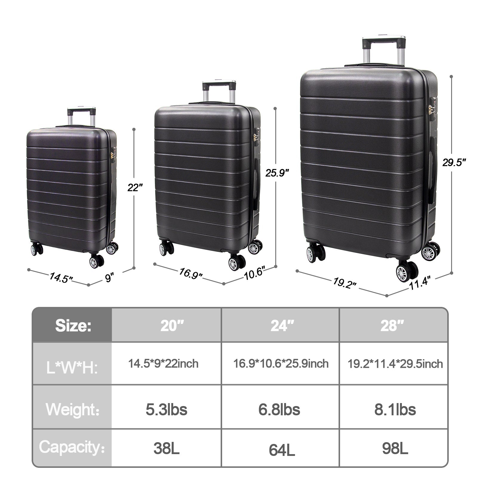 3 - Piece Luggage Set Travel Lightweight Suitcases with Rolling Wheels,TSA lock & ABS Hard Shell ,Carry on Luggages for Business, Trip, (20/24/28) - Tuesday Morning - Luggage Sets