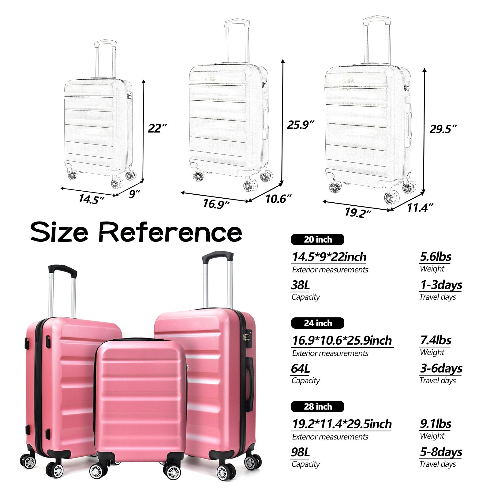 3 - Piece Luggage(20inches,24inches,28inches)Featuring 360°Rotating Wheels and TSA Lock ABS Hard Shell yet Practical Design Suitable for both Men and Women - Tuesday Morning - Luggage Sets