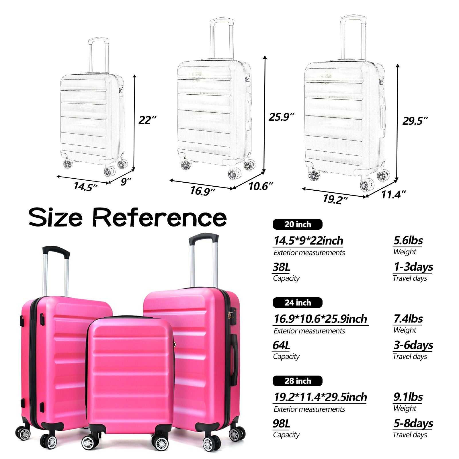 3 - Piece Luggage(20inches,24inches,28inches)Featuring 360°Rotating Wheels and TSA Lock ABS Hard Shell yet Practical Design Suitable for both Men and Women - Tuesday Morning - Luggage Sets