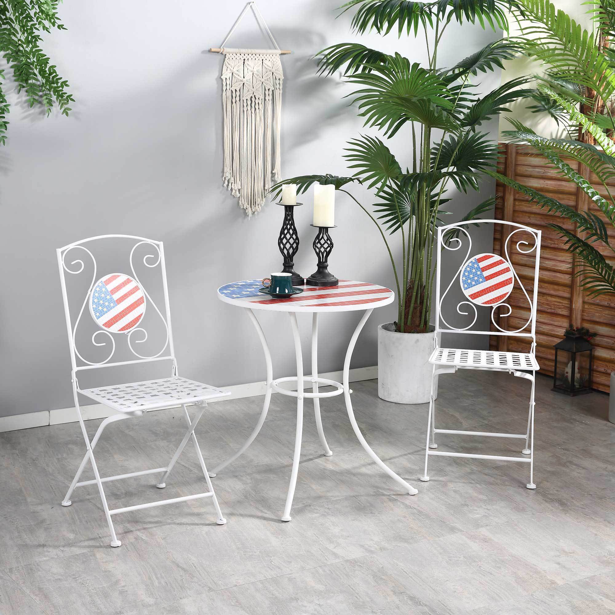 3 Piece Patio Bistro Set, Folding Outdoor Furniture with USA Mosaic Table and Chairs, Portable Metal Frames for 4th of July, Balcony, Backyard, Poolside, Porch, American Flag - Tuesday Morning - Outdoor Furniture Sets