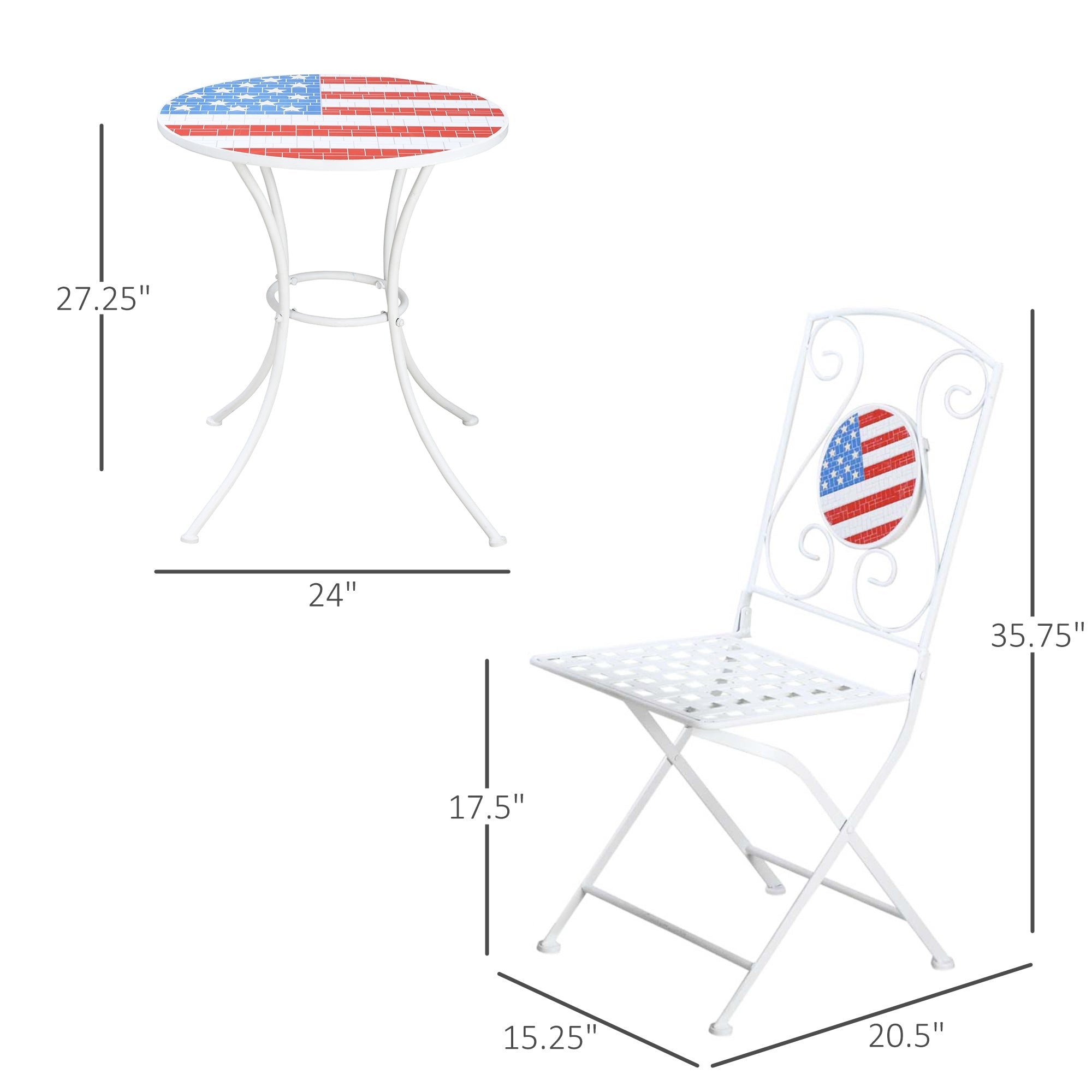 3 Piece Patio Bistro Set, Folding Outdoor Furniture with USA Mosaic Table and Chairs, Portable Metal Frames for 4th of July, Balcony, Backyard, Poolside, Porch, American Flag - Tuesday Morning - Outdoor Furniture Sets