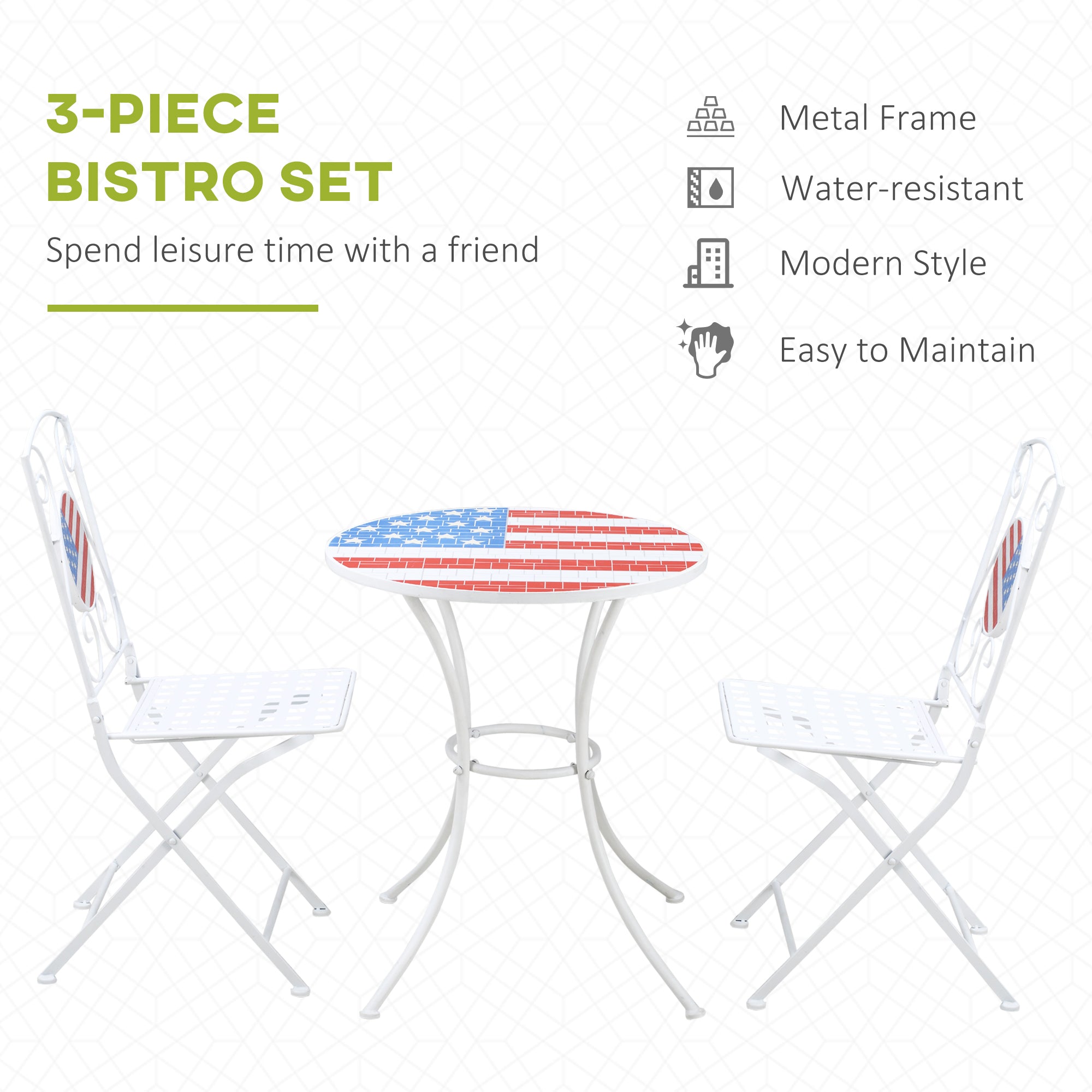 3 Piece Patio Bistro Set, Folding Outdoor Furniture with USA Mosaic Table and Chairs, Portable Metal Frames for 4th of July, Balcony, Backyard, Poolside, Porch, American Flag - Tuesday Morning - Outdoor Furniture Sets