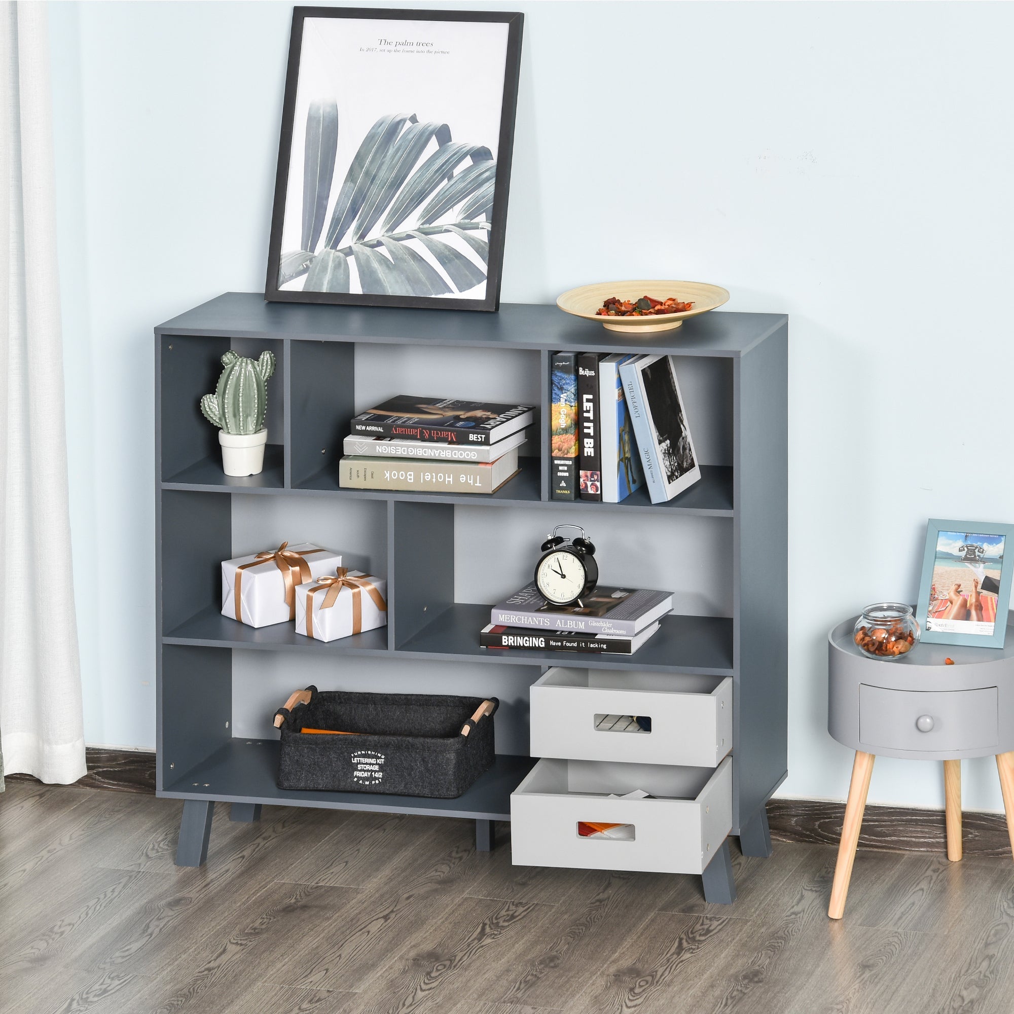 3 - Tier Child Bookcase Open Shelves Cabinet Floor Standing Cube Storage Organizer with Drawers - Grey - Tuesday Morning - Bookshelves