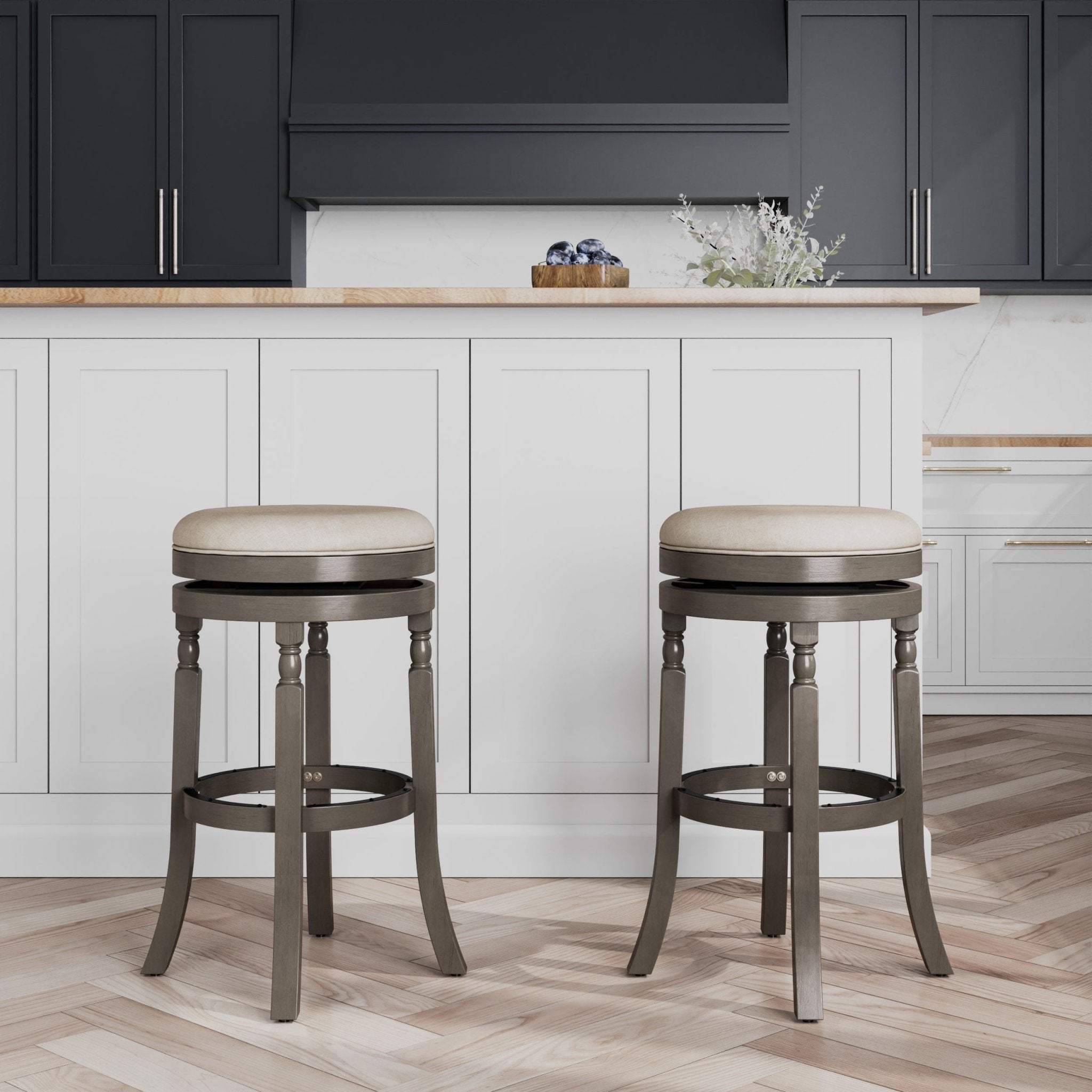 30 Bar Stool, Weathered Gray Finish, Beige Fabric Seat - Tuesday Morning - Table & Bar Stools