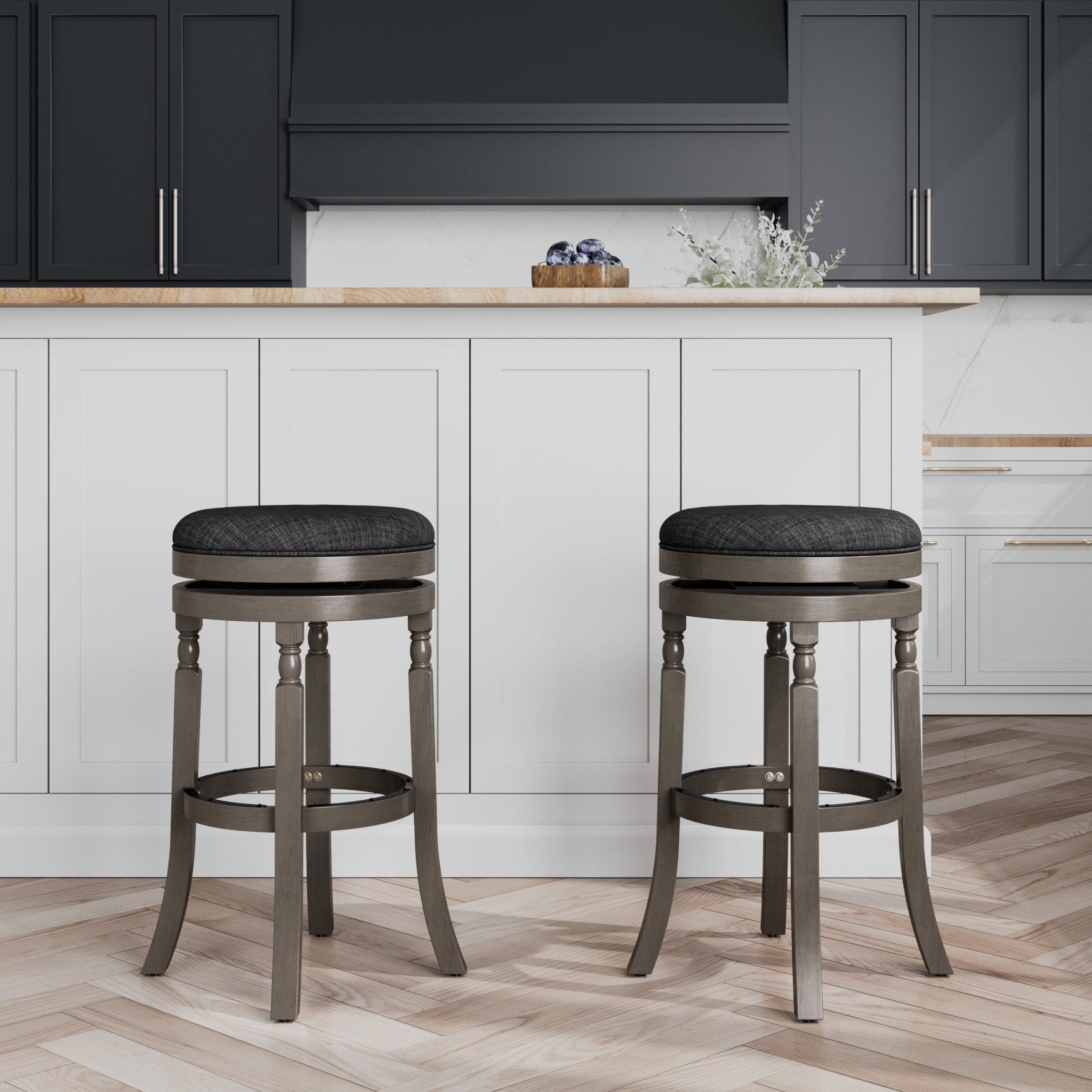 30 Bar Stool, Weathered Gray Finish, Charcoal Fabric Seat - Tuesday Morning - Table & Bar Stools