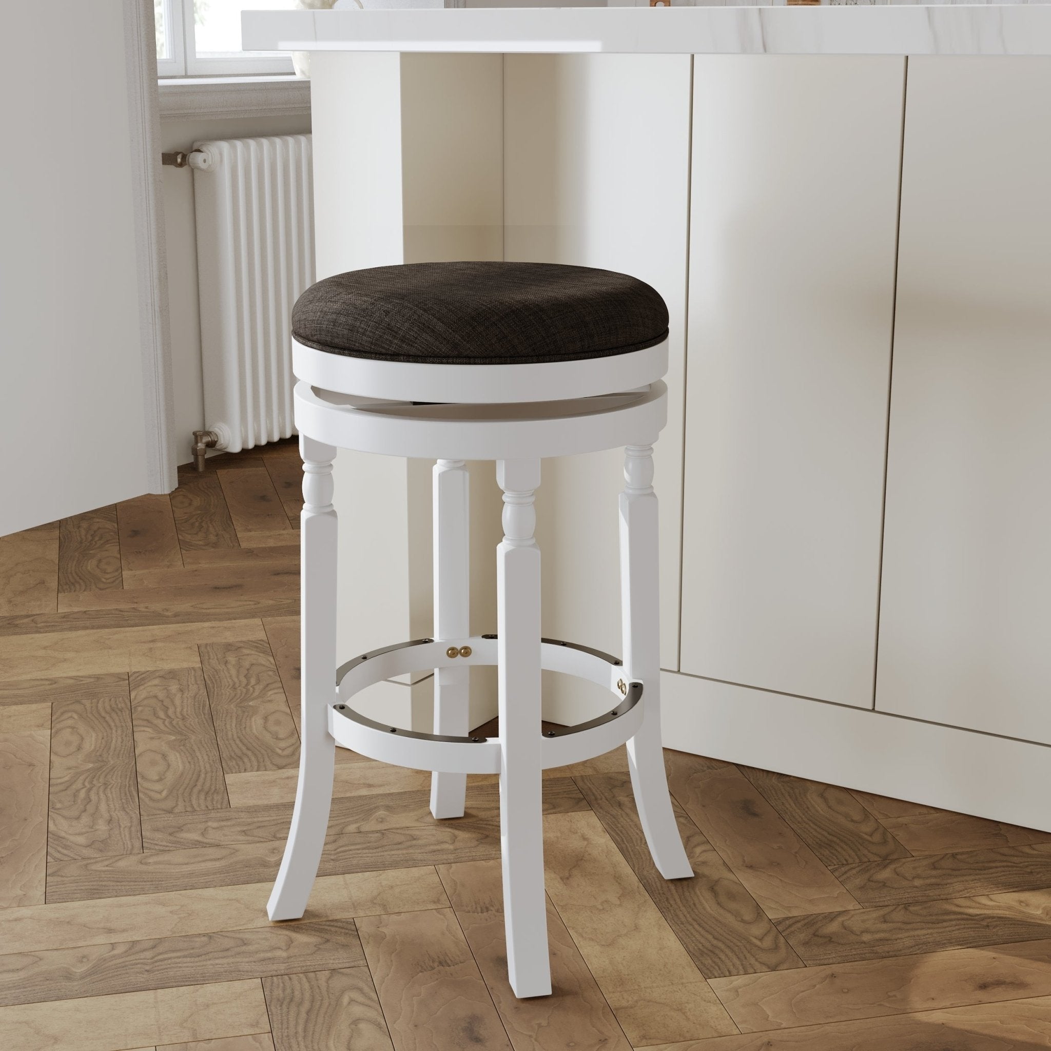 30 Bar Stool, White Finish, Charcoal Fabric Seat - Tuesday Morning - Table & Bar Stools