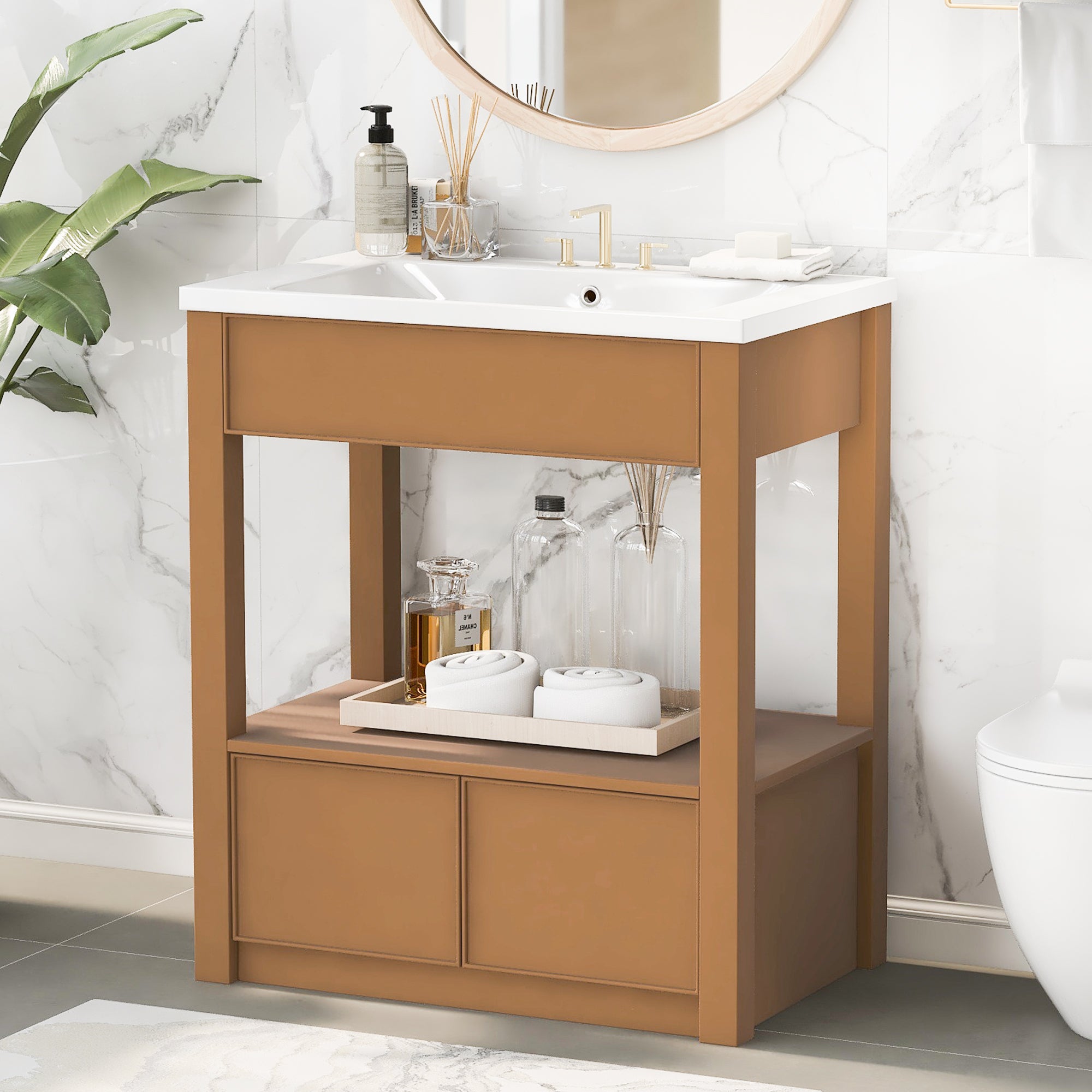 30 Bathroom Vanity with Sink Top, Bathroom Cabinet with Open Storage Shelf and Two Drawers, Brown - Tuesday Morning - Bathroom Cabinets & Storage