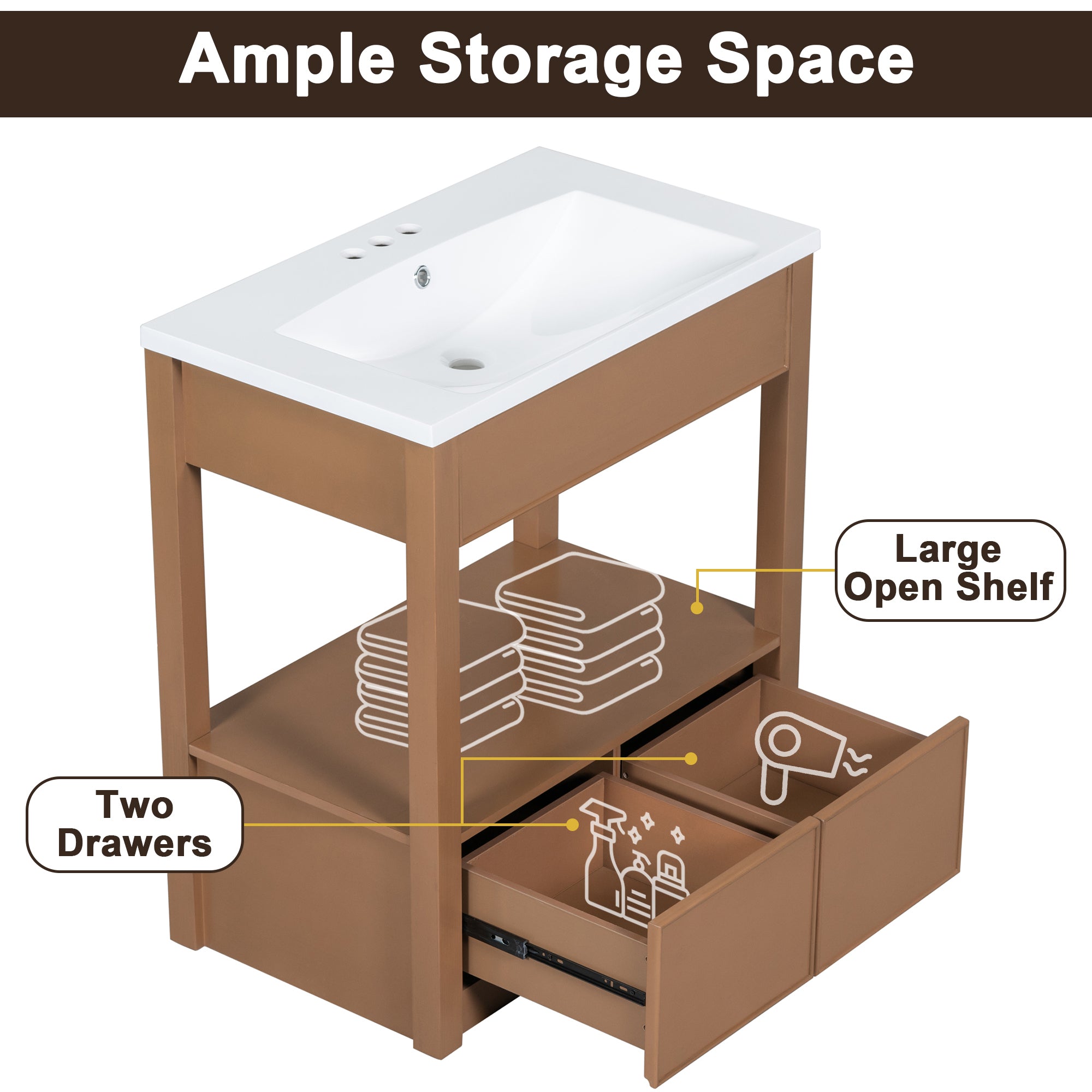 30 Bathroom Vanity with Sink Top, Bathroom Cabinet with Open Storage Shelf and Two Drawers, Brown - Tuesday Morning - Bathroom Cabinets & Storage