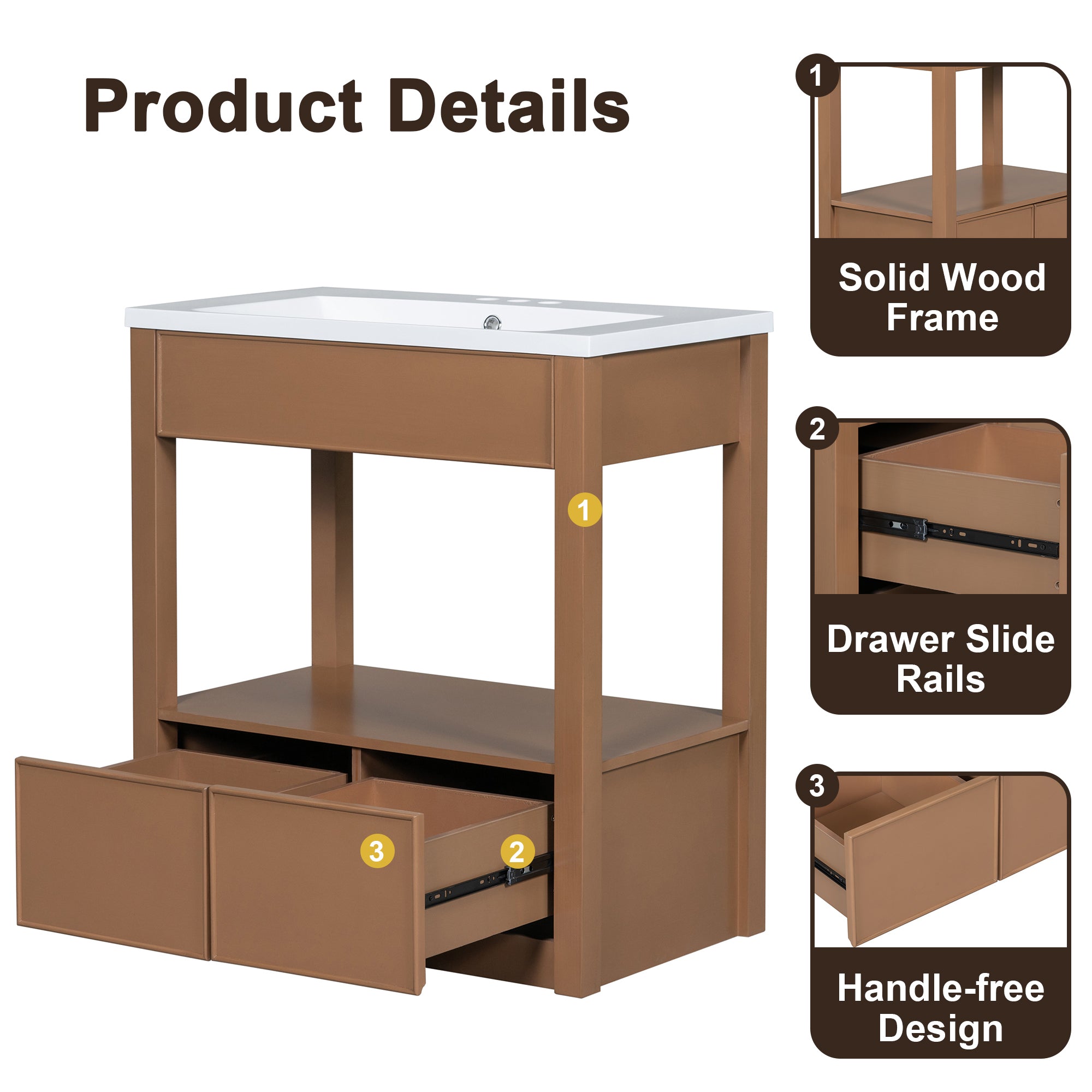 30 Bathroom Vanity with Sink Top, Bathroom Cabinet with Open Storage Shelf and Two Drawers, Brown - Tuesday Morning - Bathroom Cabinets & Storage