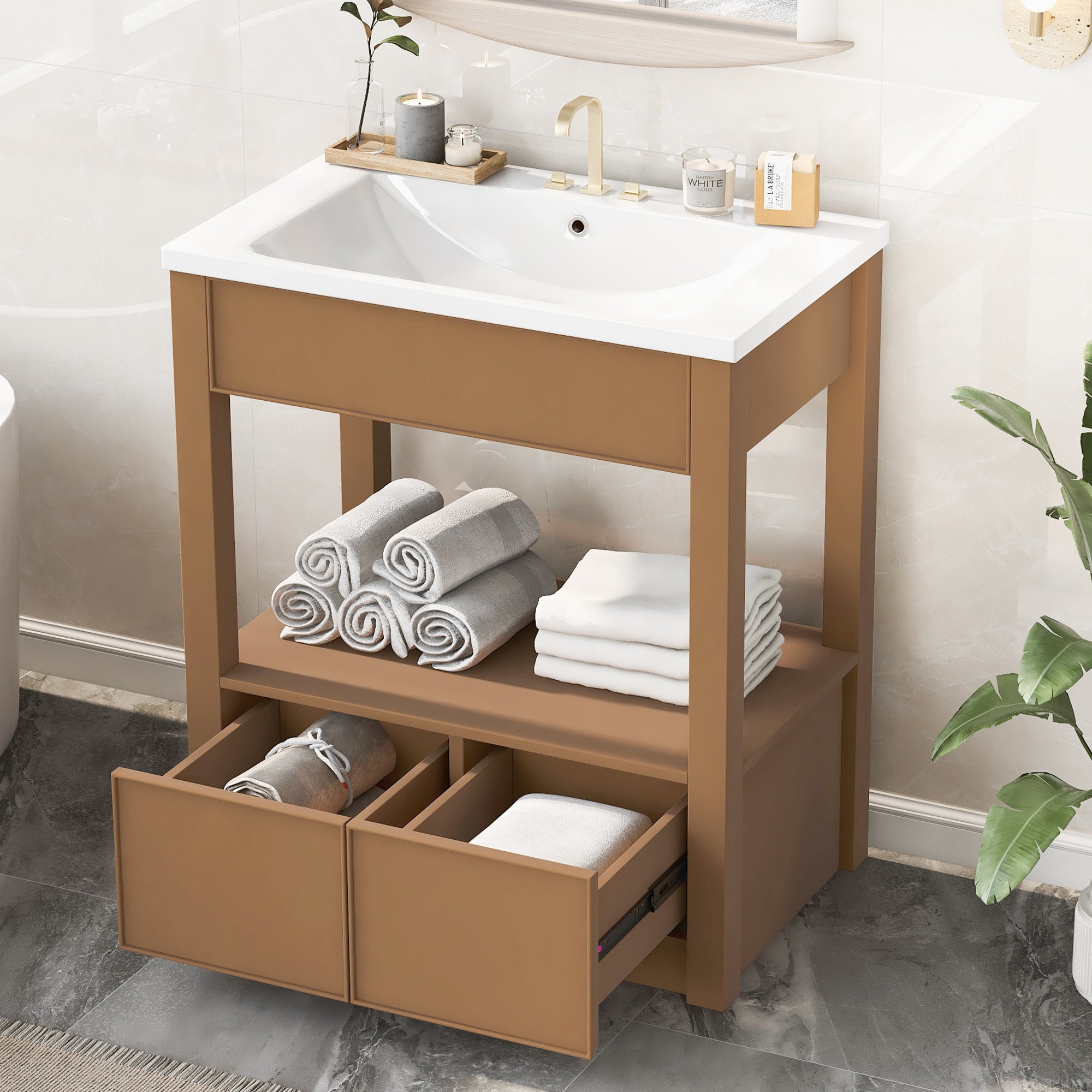 30 Bathroom Vanity with Sink Top, Bathroom Cabinet with Open Storage Shelf and Two Drawers, Brown - Tuesday Morning - Bathroom Cabinets & Storage