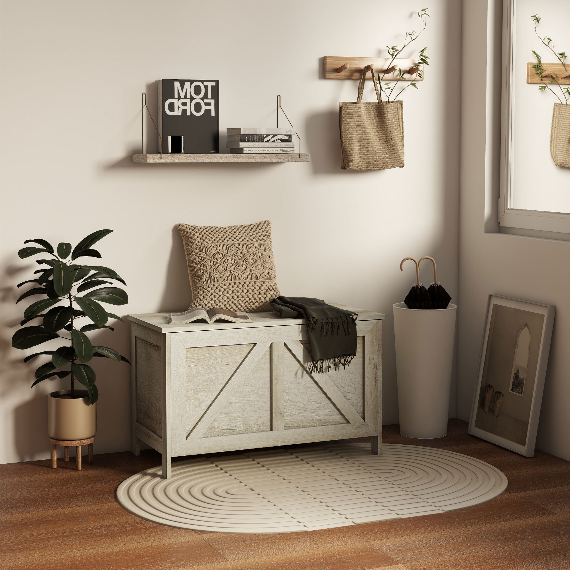 30 Farmhouse Storage Chest, Lift Top Box Organizer with Safety Hinge to Open Up 150° , White - Tuesday Morning - Benches