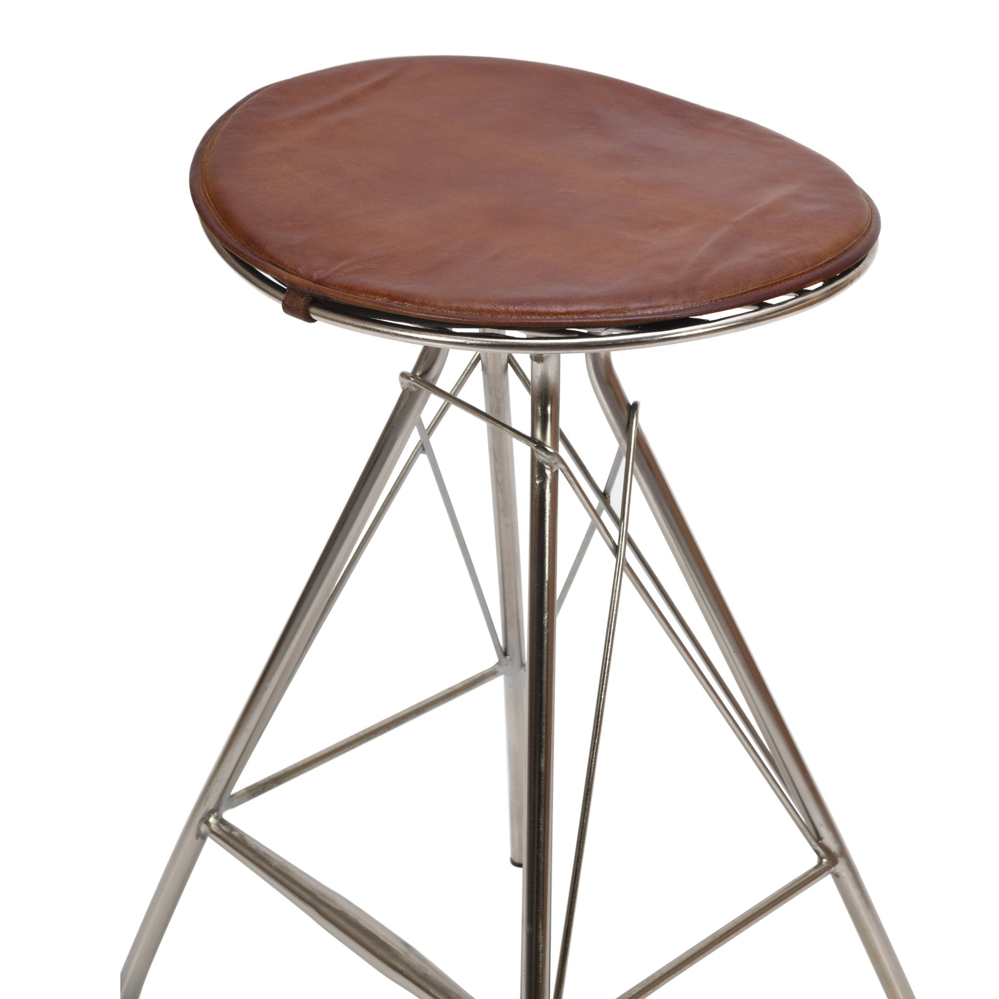 30 Inch Metal Frame Bar Stool, Round Genuine Leather Seat, Dark Brown, Silver - Tuesday Morning - Table & Bar Stools