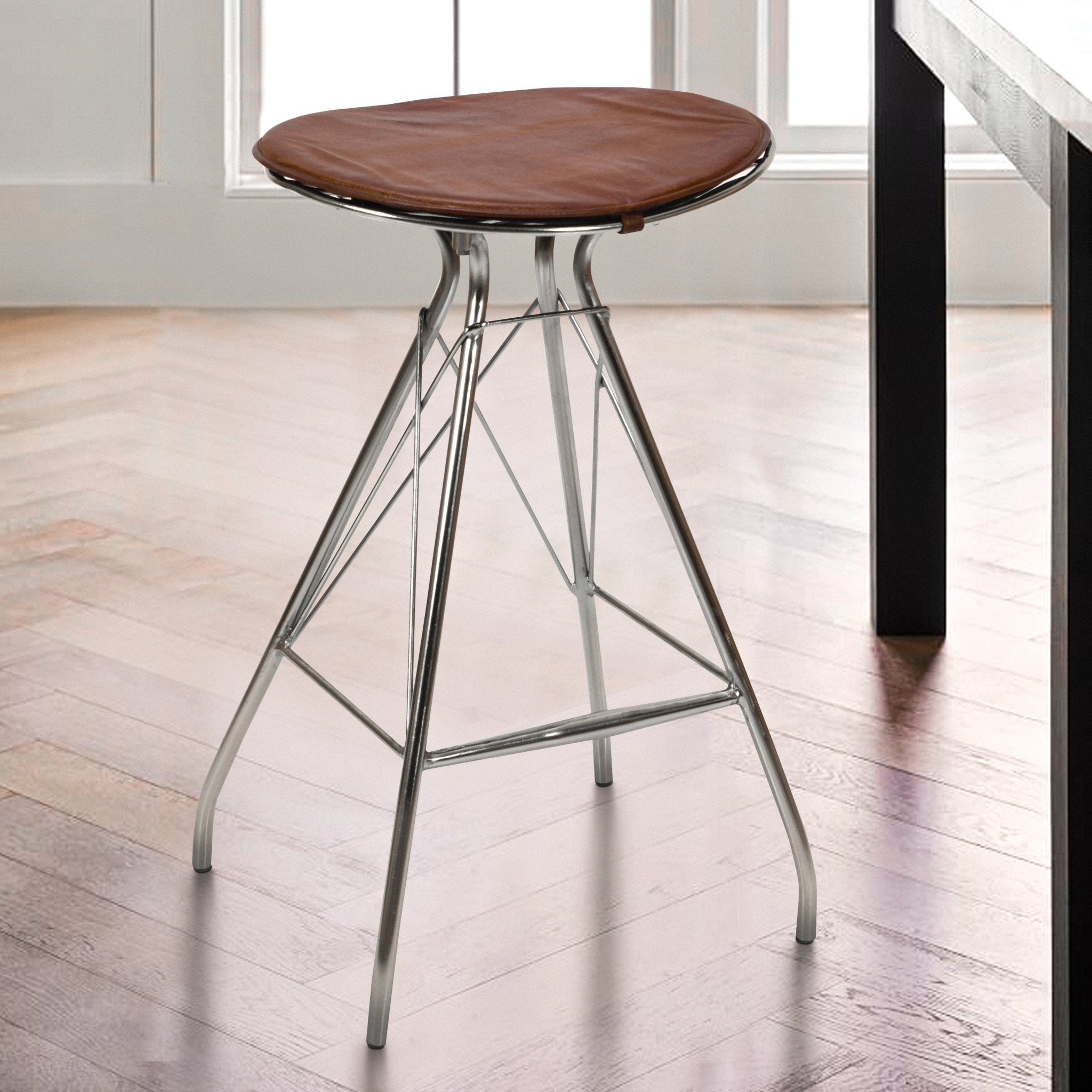 30 Inch Metal Frame Bar Stool, Round Genuine Leather Seat, Dark Brown, Silver - Tuesday Morning - Table & Bar Stools