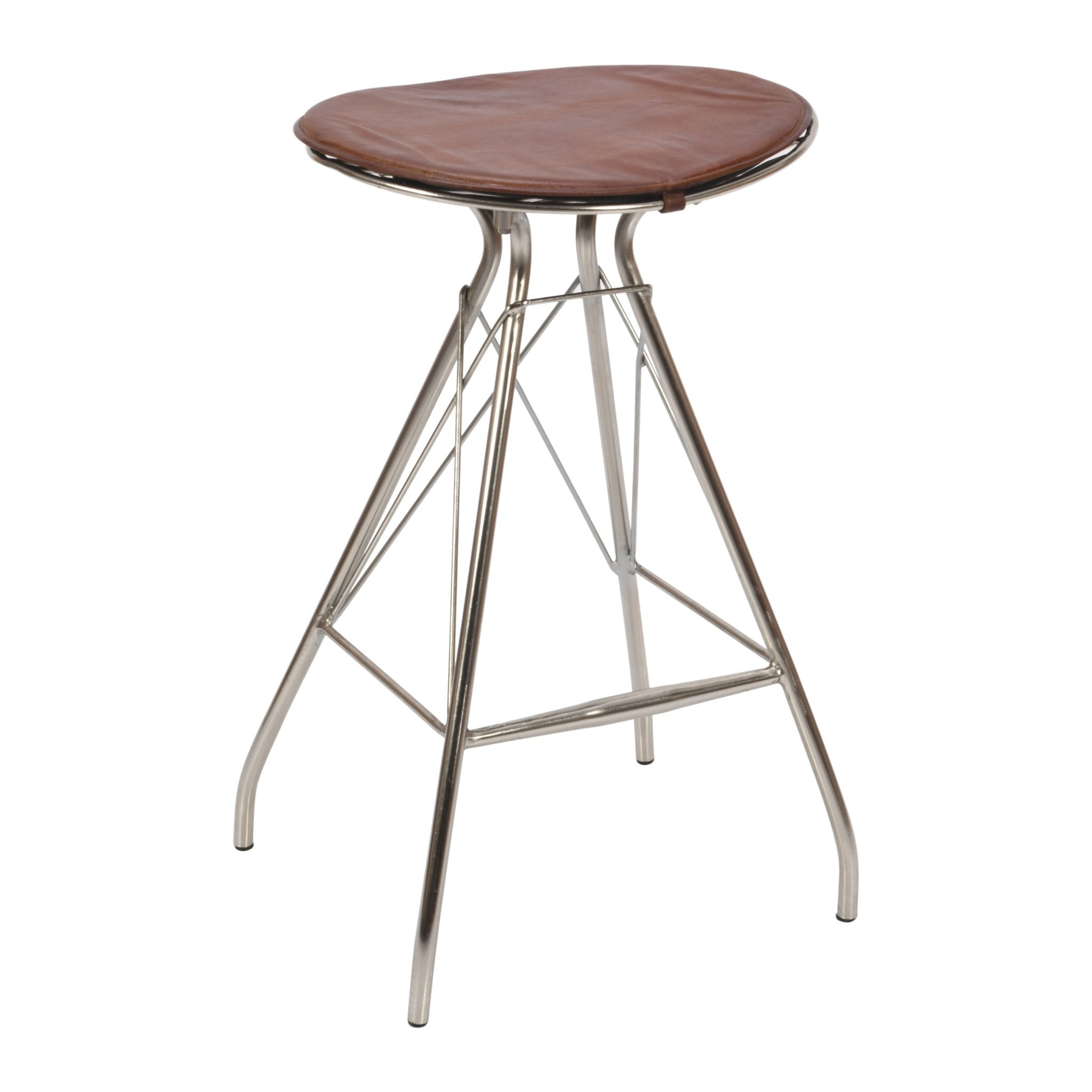 30 Inch Metal Frame Bar Stool, Round Genuine Leather Seat, Dark Brown, Silver - Tuesday Morning - Table & Bar Stools