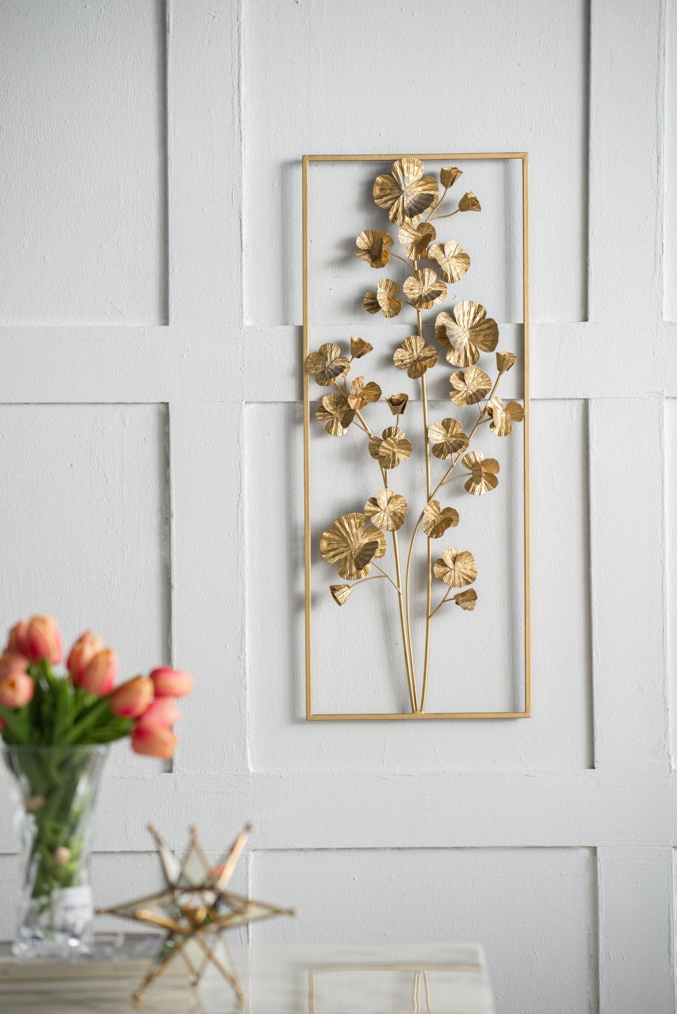 30 x 12 Metal Tree Wall Decor, Vertical Rectangular Flower Wall Accent, Gold - Tuesday Morning - Wall Art