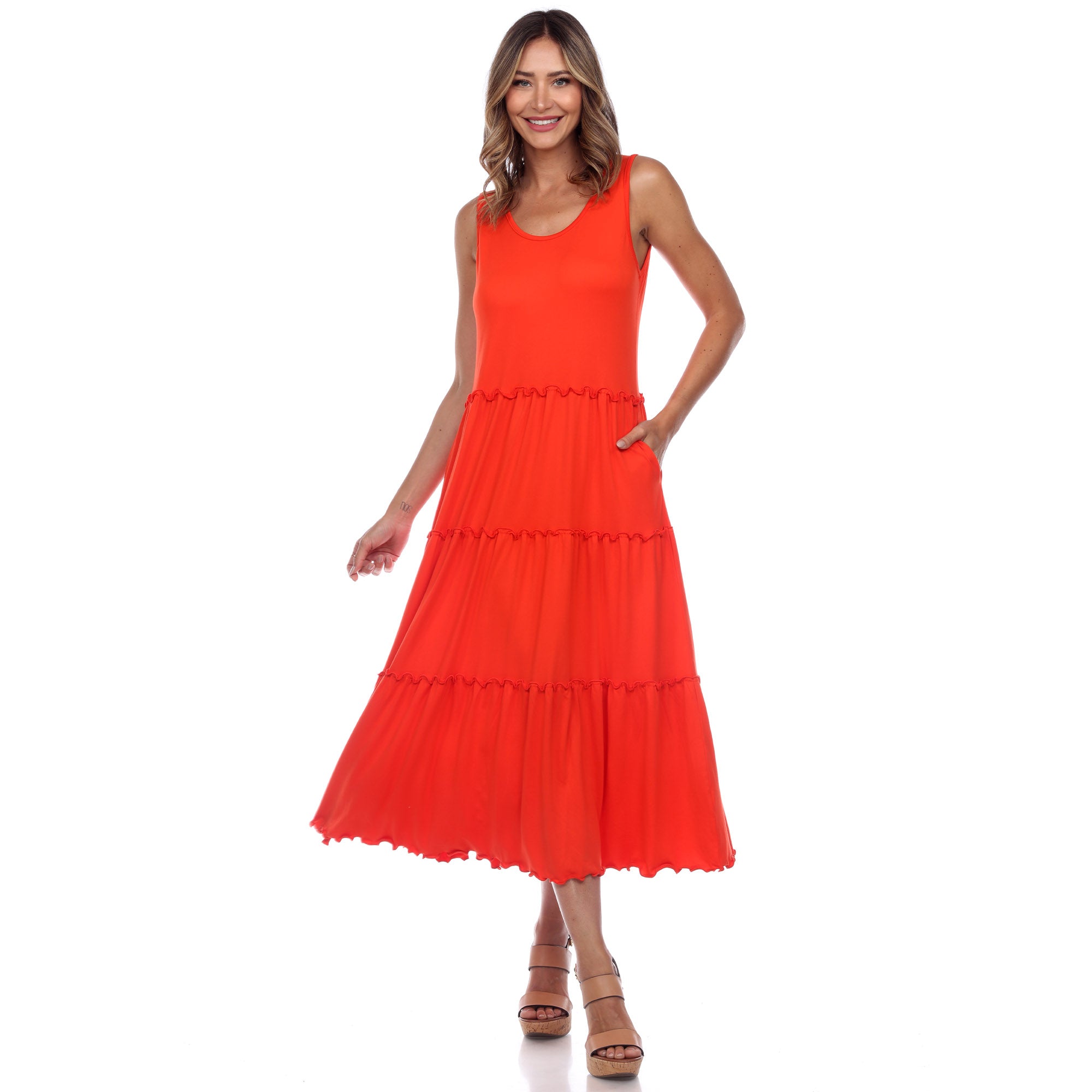 Women's Scoop Neck Tiered Midi Dress (9 Colors Available)