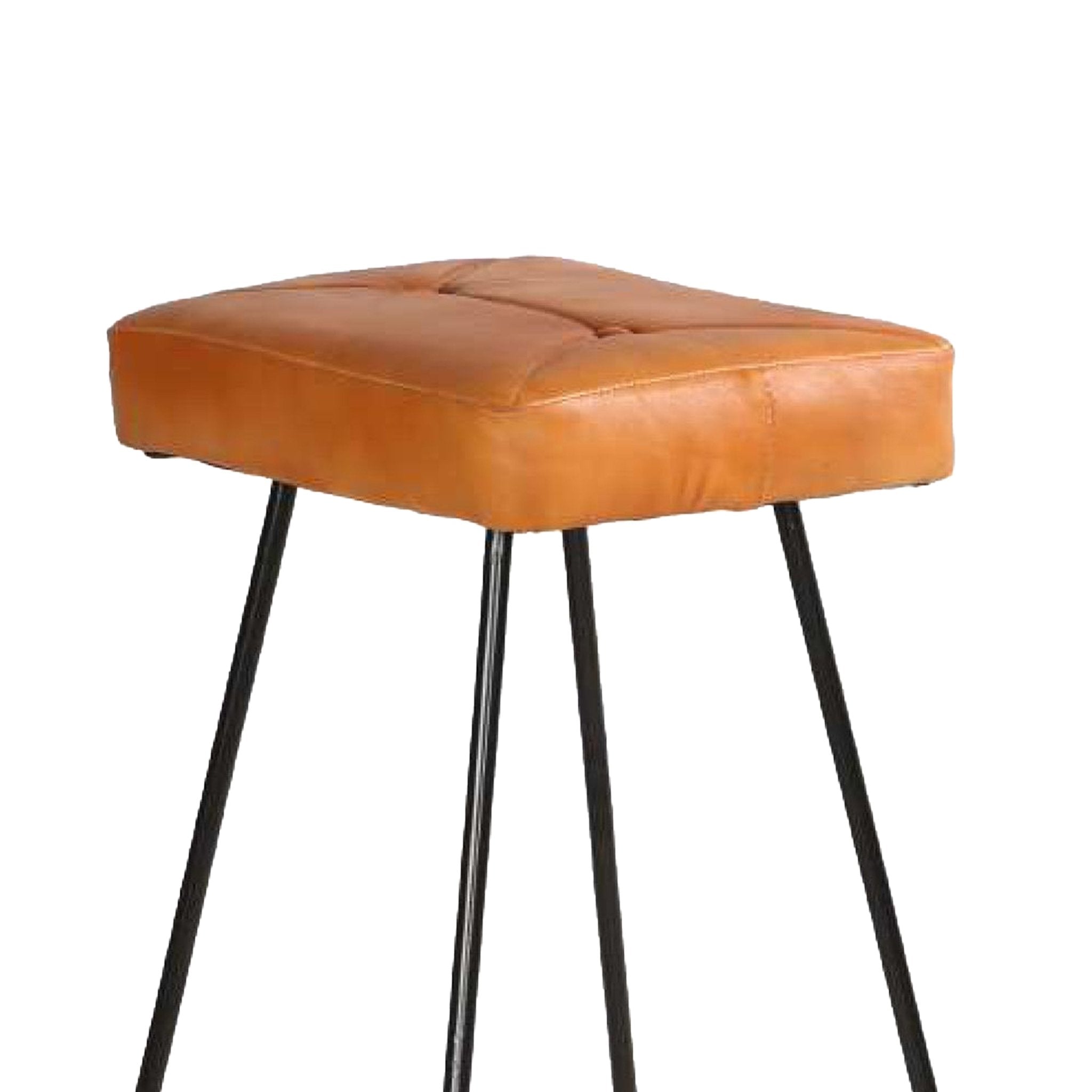 32 Inch Modern Bar Stool, Genuine Leather Seat, Metal Frame, Button Tufted, Tan Brown, Black - Tuesday Morning - Table & Bar Stools