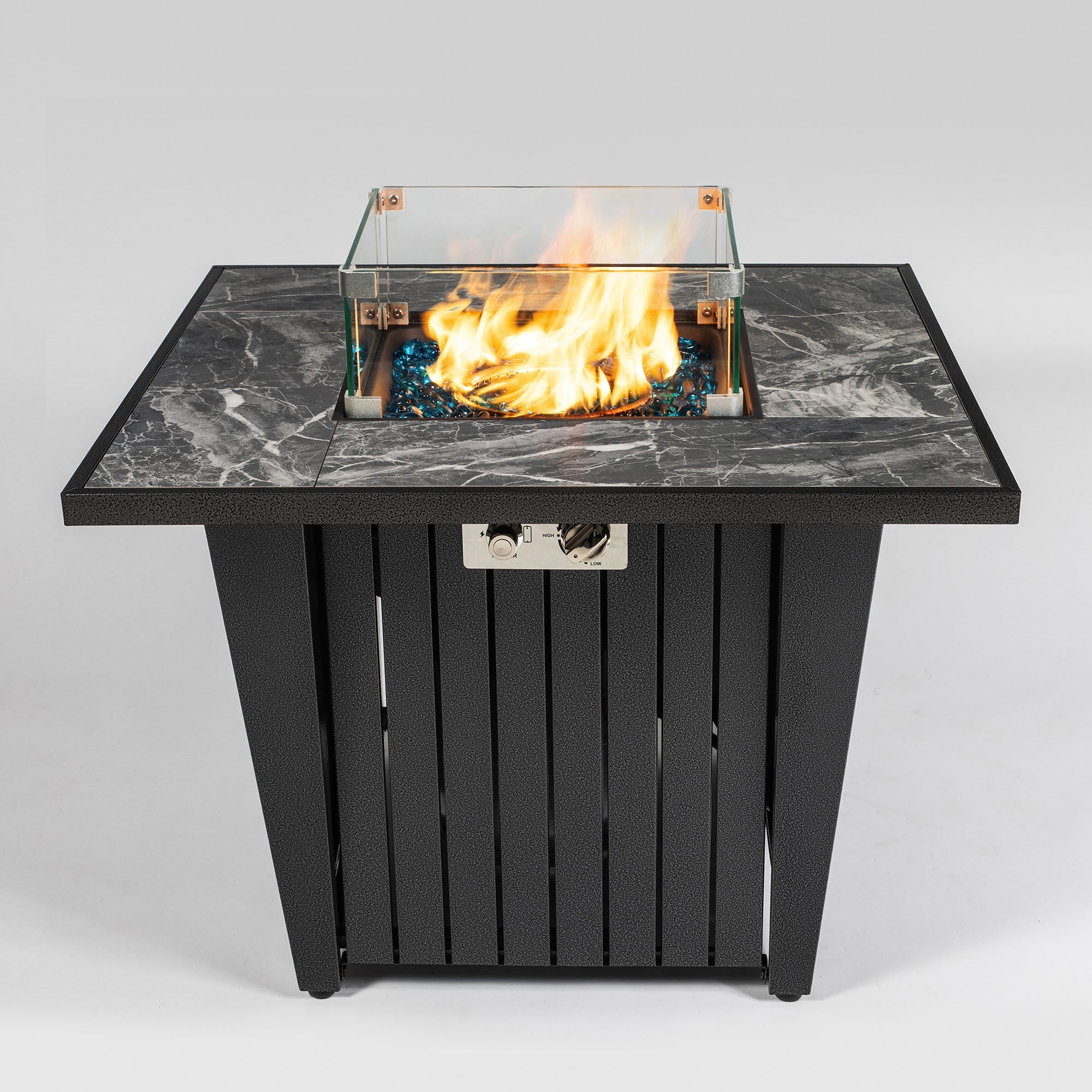 32inch Outdoor Square Propane Fire Pit Table with Blue Glass Beads, Rain Cover and Glass Wind Guard - Tuesday Morning - Fire Pits