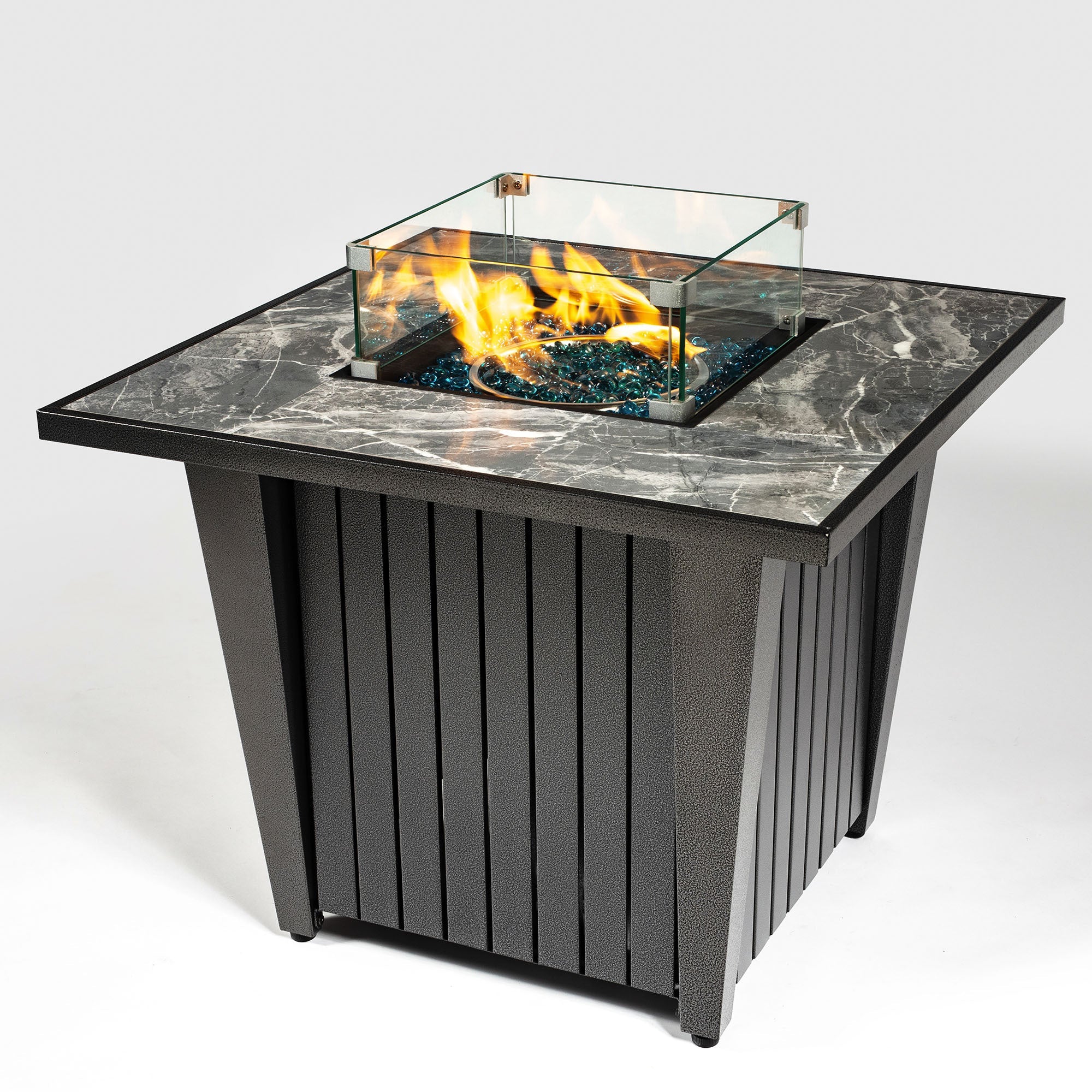 32inch Outdoor Square Propane Fire Pit Table with Blue Glass Beads, Rain Cover and Glass Wind Guard - Tuesday Morning - Fire Pits