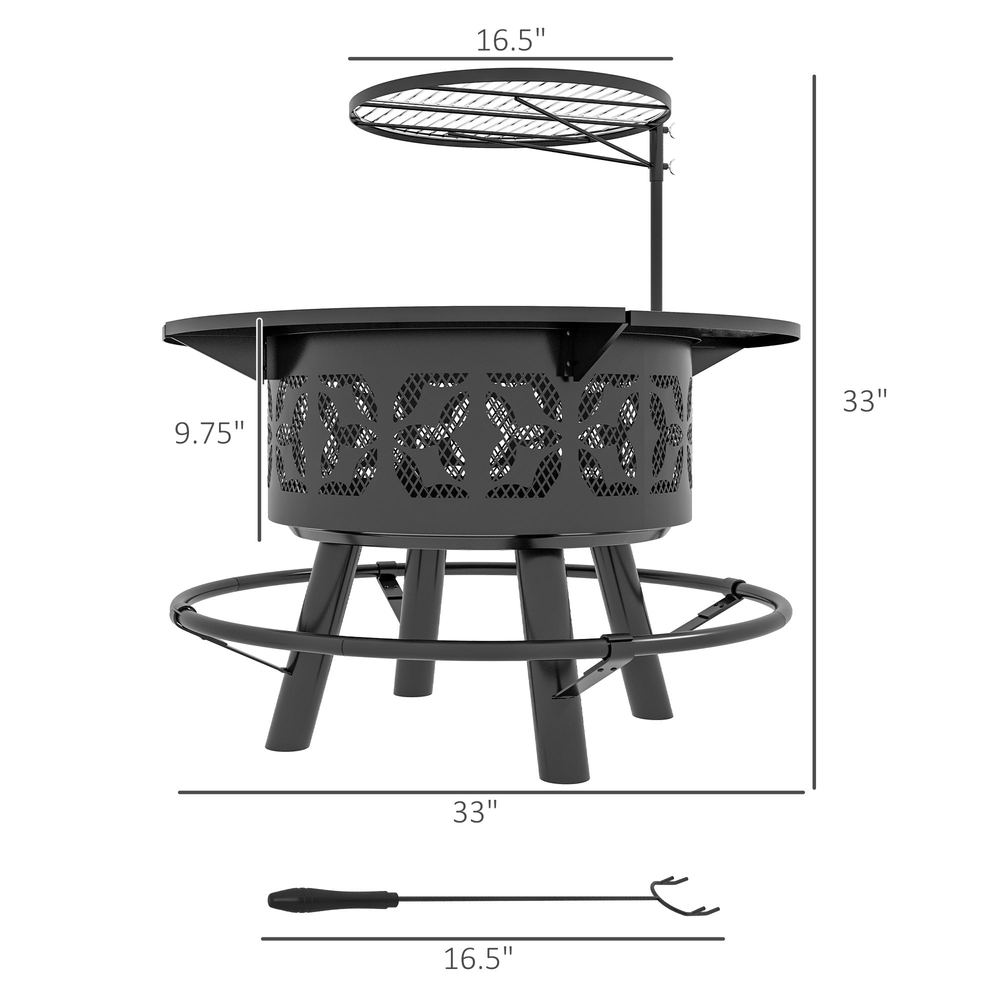 33 Portable Wood Burning Firepit with Adjustable Cooking Grate, Pan and Poker, Camping Bonfire Stove Black - Tuesday Morning - Fire Pits