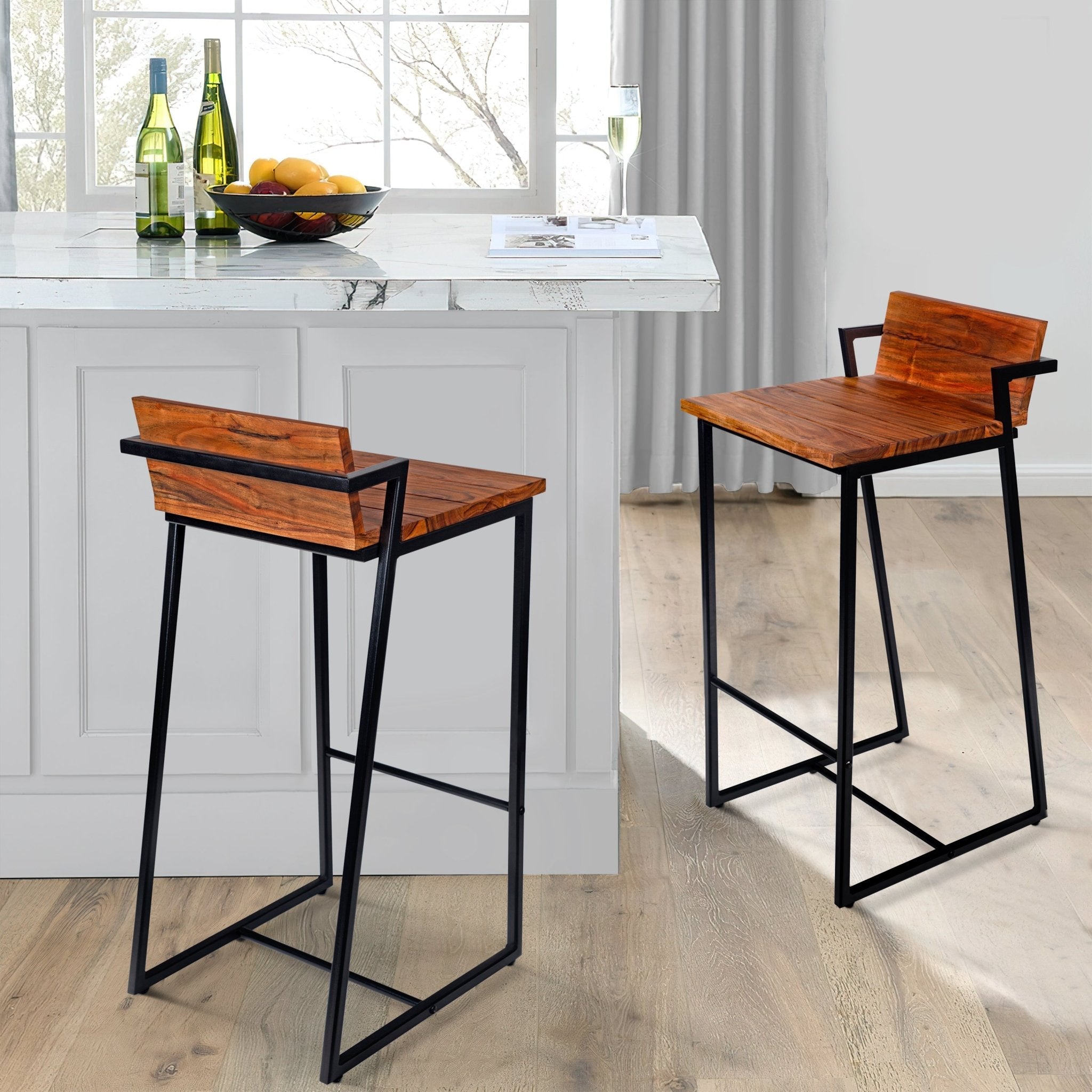 35 Inch Industrial Style Acacia Wood Barstool with Metal Frame, Brown and Black - Tuesday Morning - Table & Bar Stools